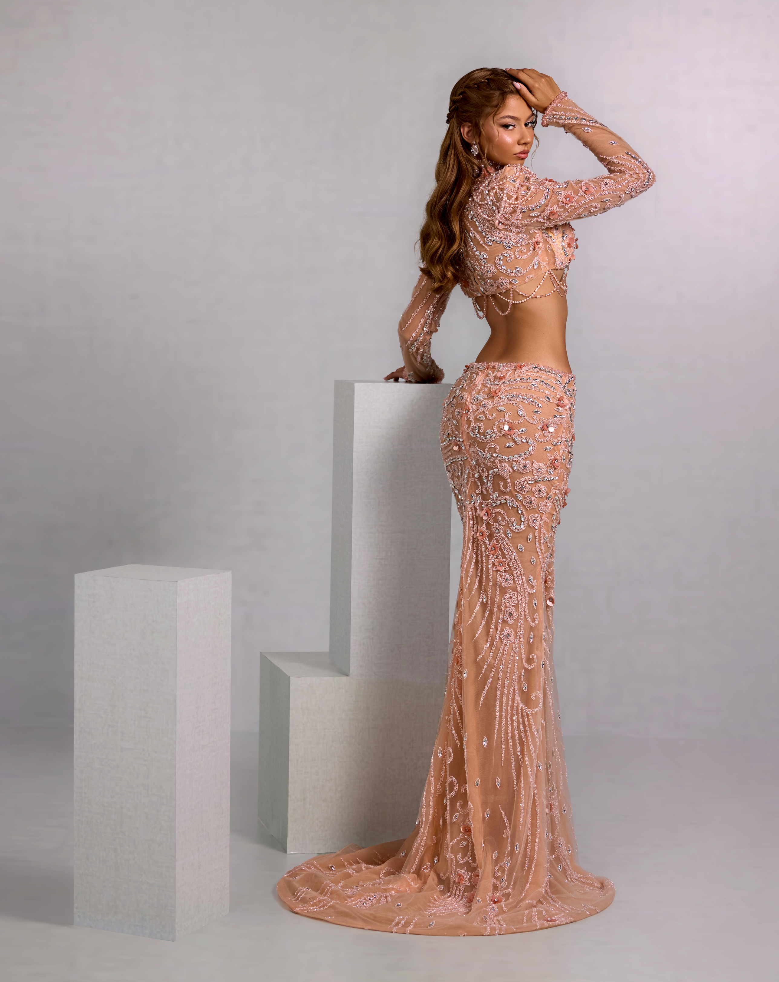 Embellished Peach Two Piece Set with Chain Accents