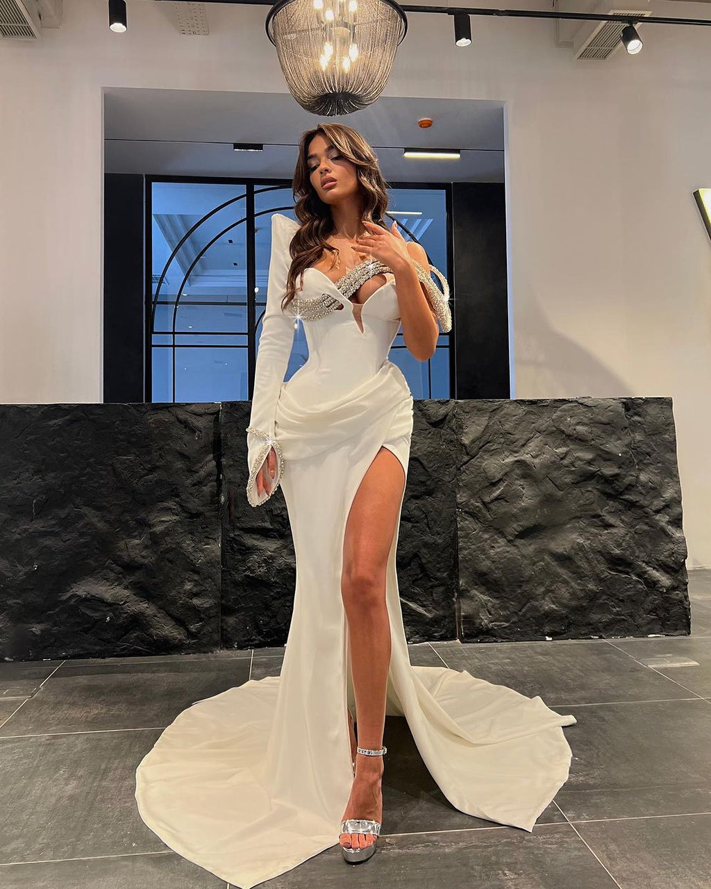 Side Slit White Asymmetrical Dress with Silver Shoulder Details