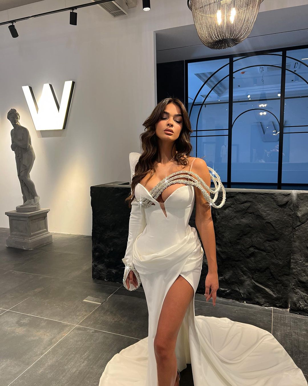 Side Slit White Asymmetrical Dress with Silver Shoulder Details