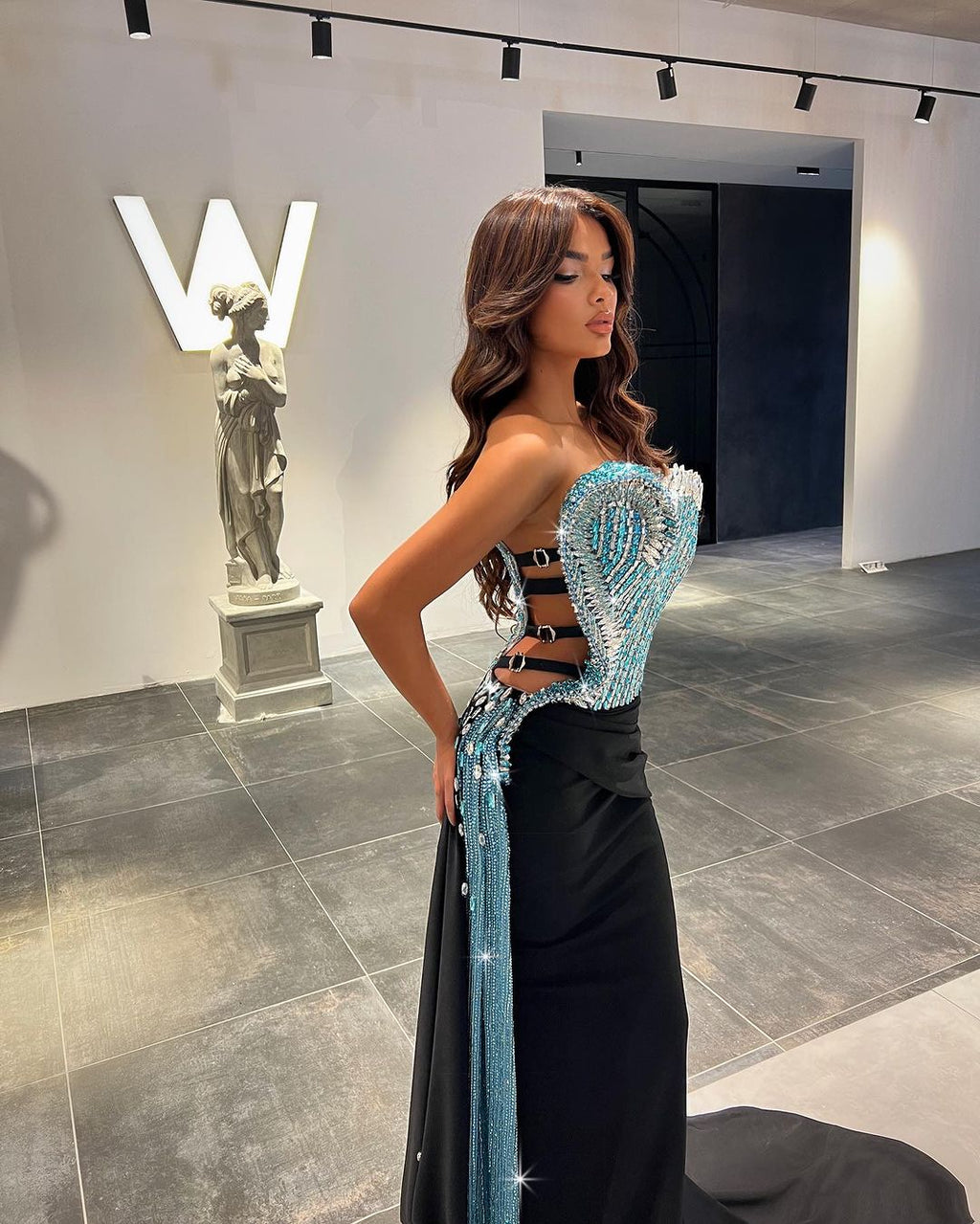 Long Black Dress with Blue Wave Corset