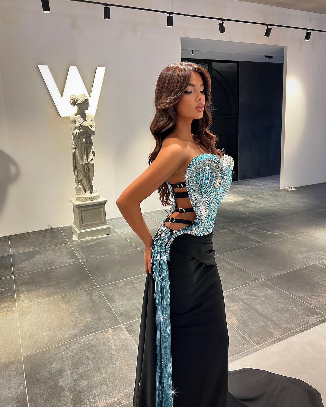 Long Black Dress with Blue Wave Corset