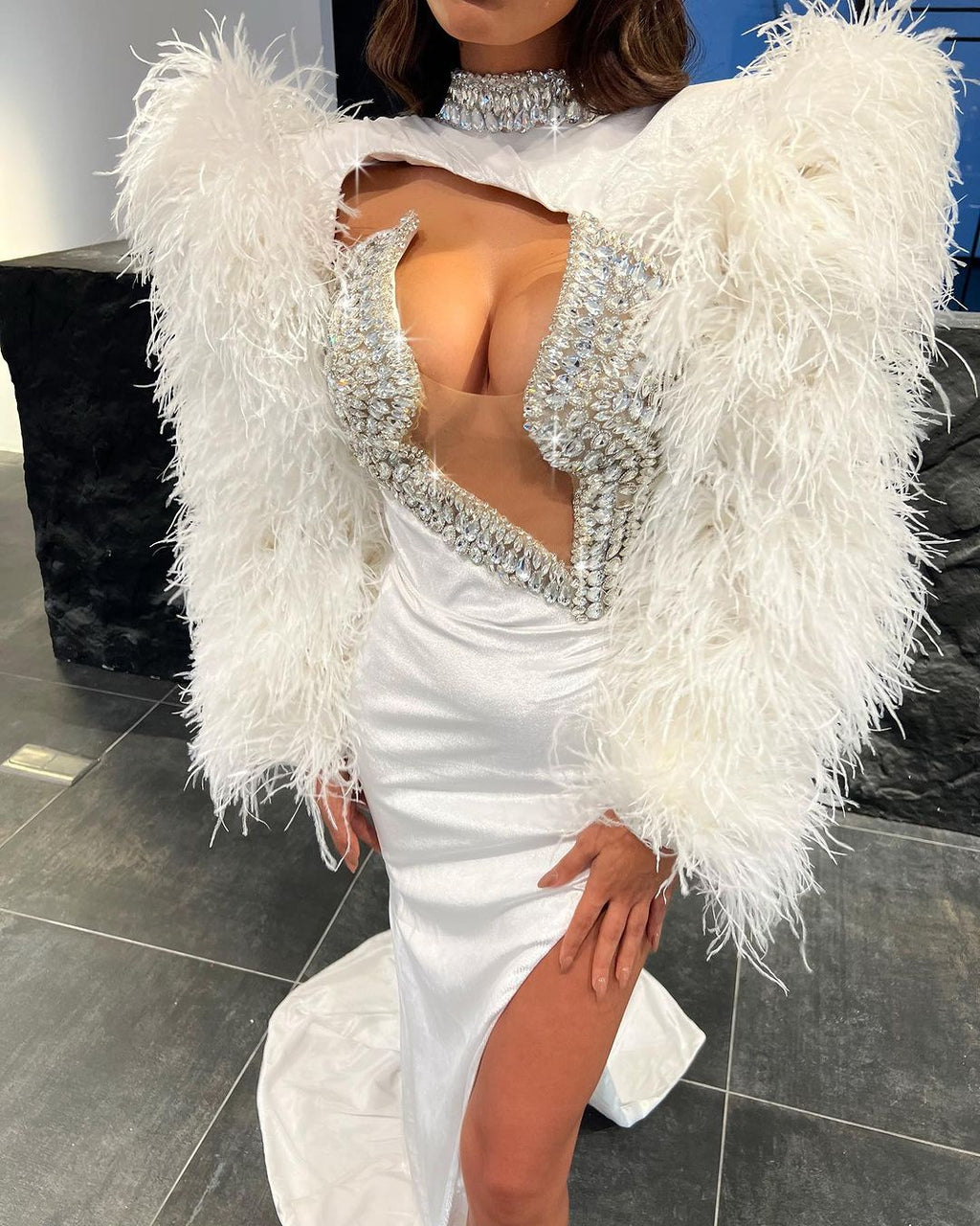 High Neck White Dress with Feathered Sleeves