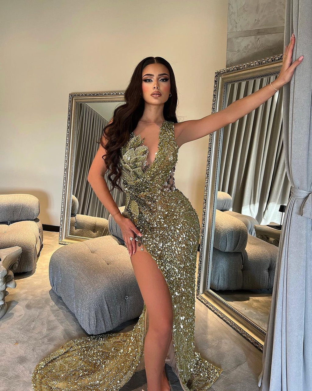 Side Slit Green Shimmering Dress with Leaf Embroidered Details