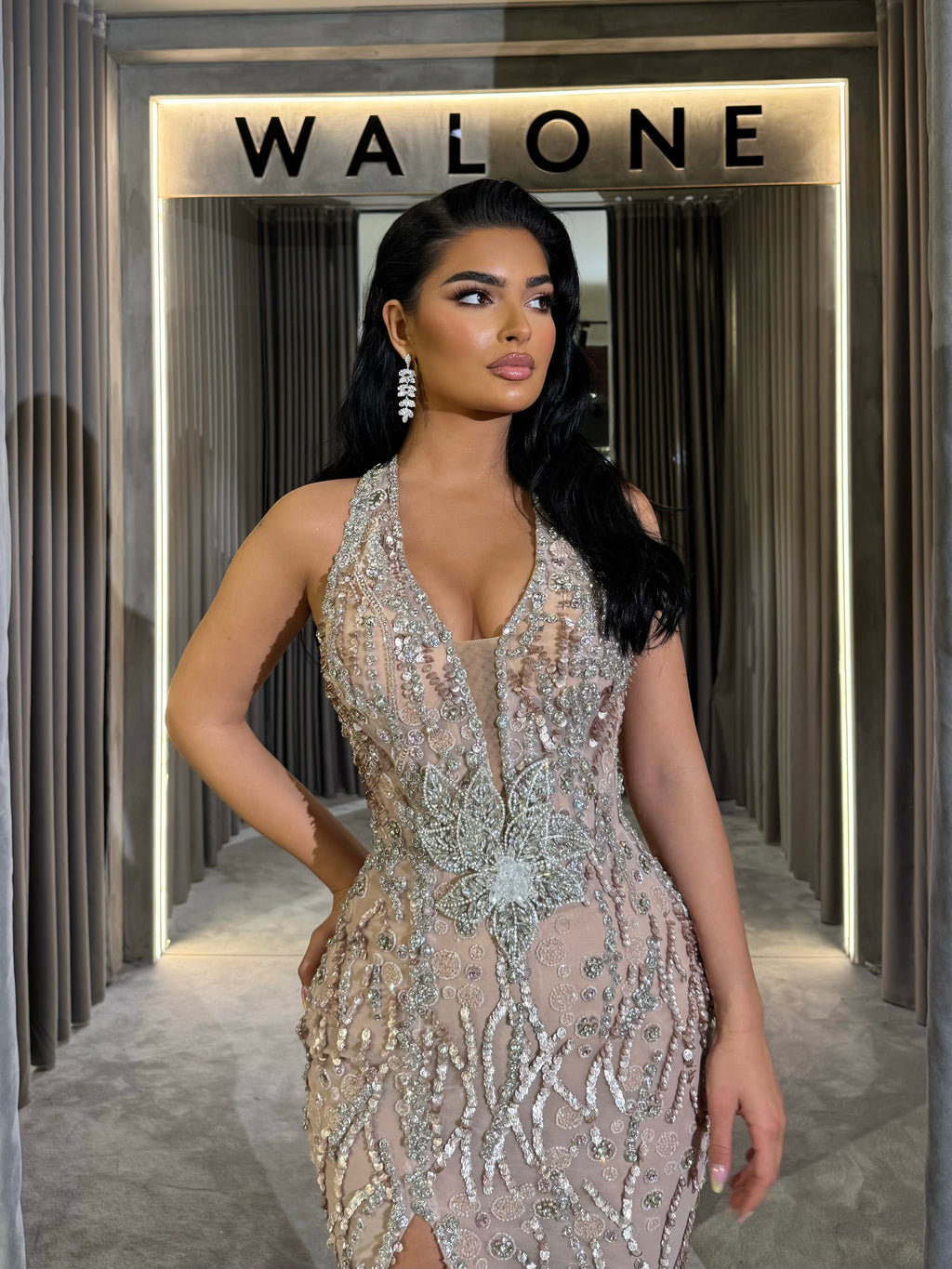 Nude Crystal Flower Embellished Gown