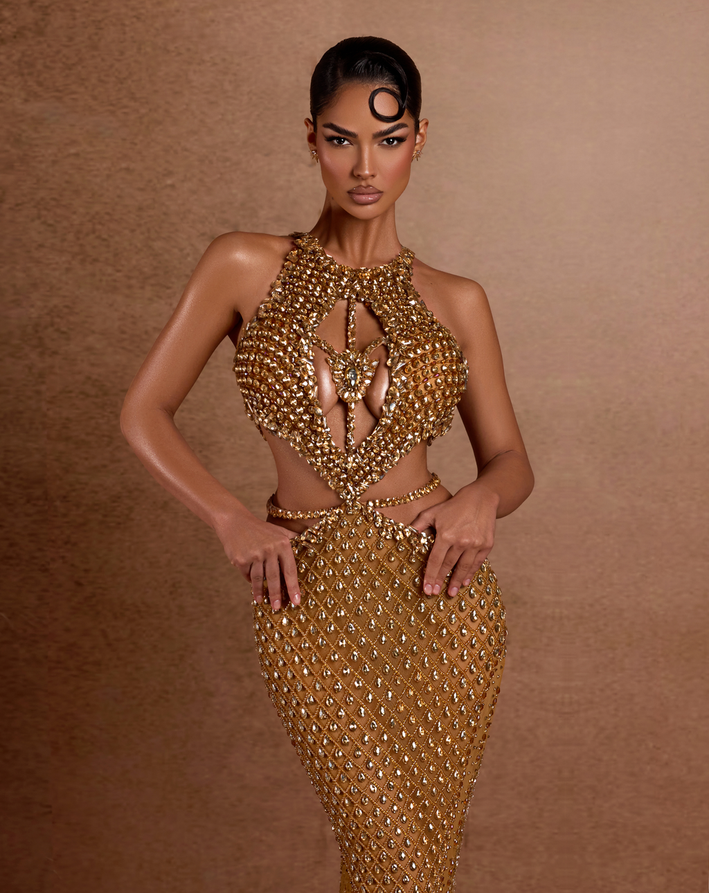 Gold Beaded Cut Out Dress