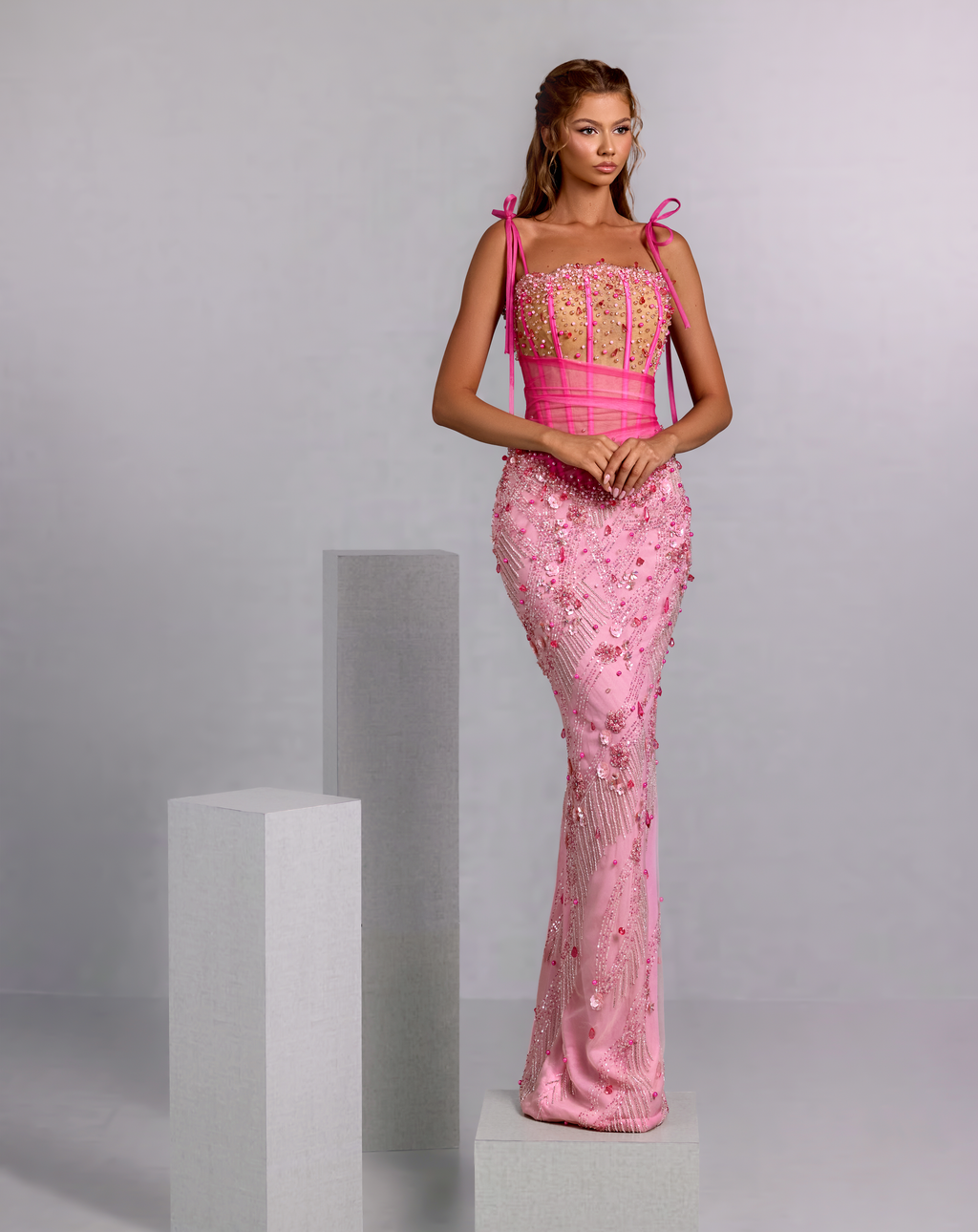 Embellished Pink Gown with Detachable Floral Organza Sleeves