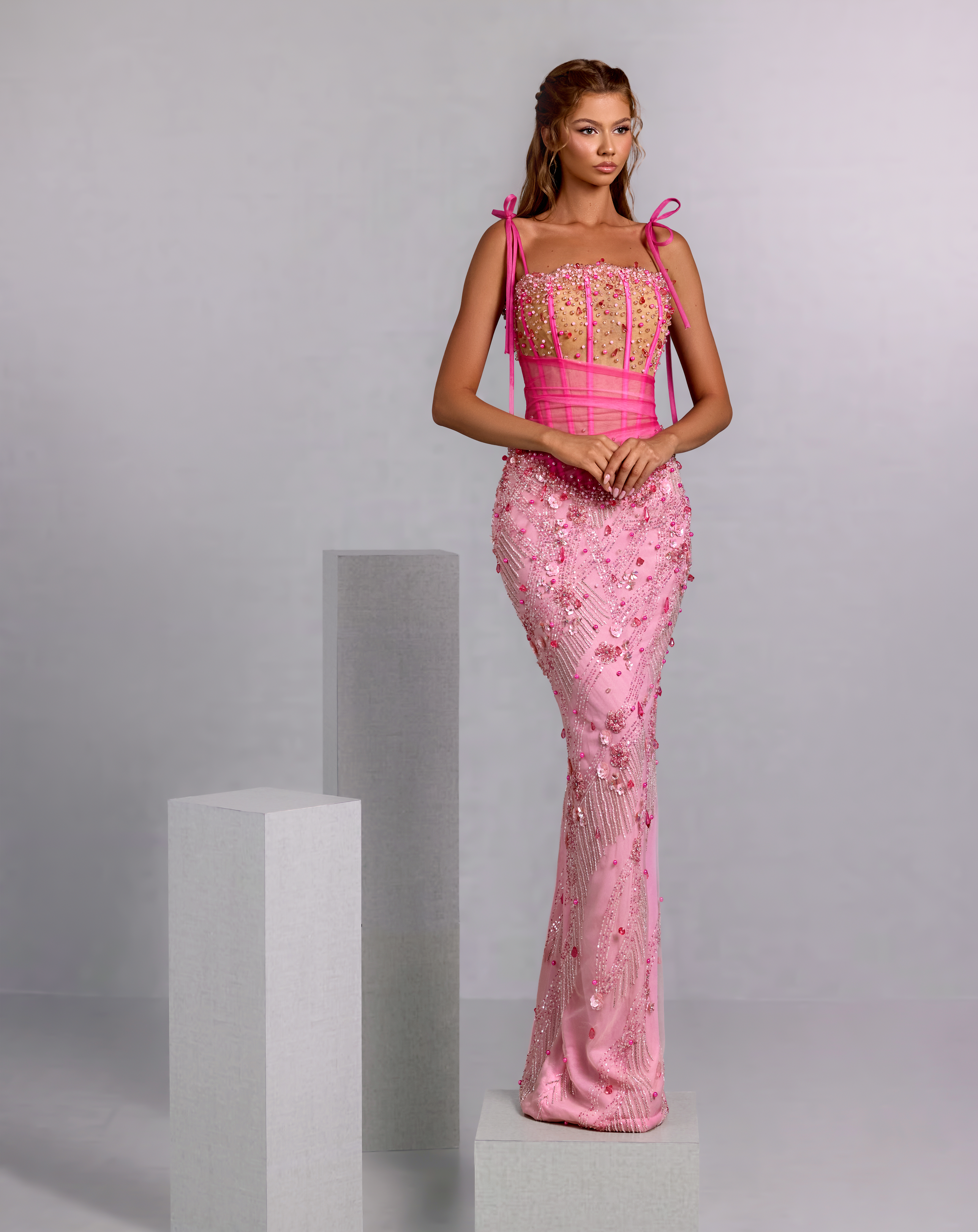 Embellished Pink Gown with Detachable Floral Organza Sleeves