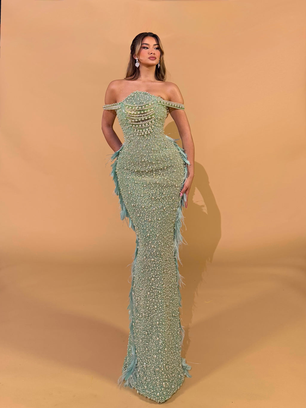 Off Shoulder Pearl Embellished Feather Gown