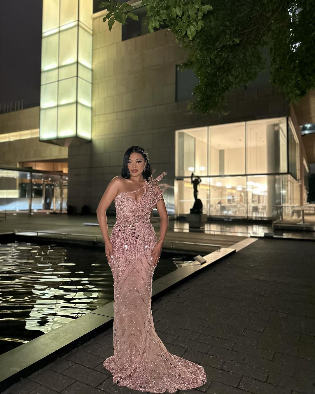 One shoulder dress with floral embellishments