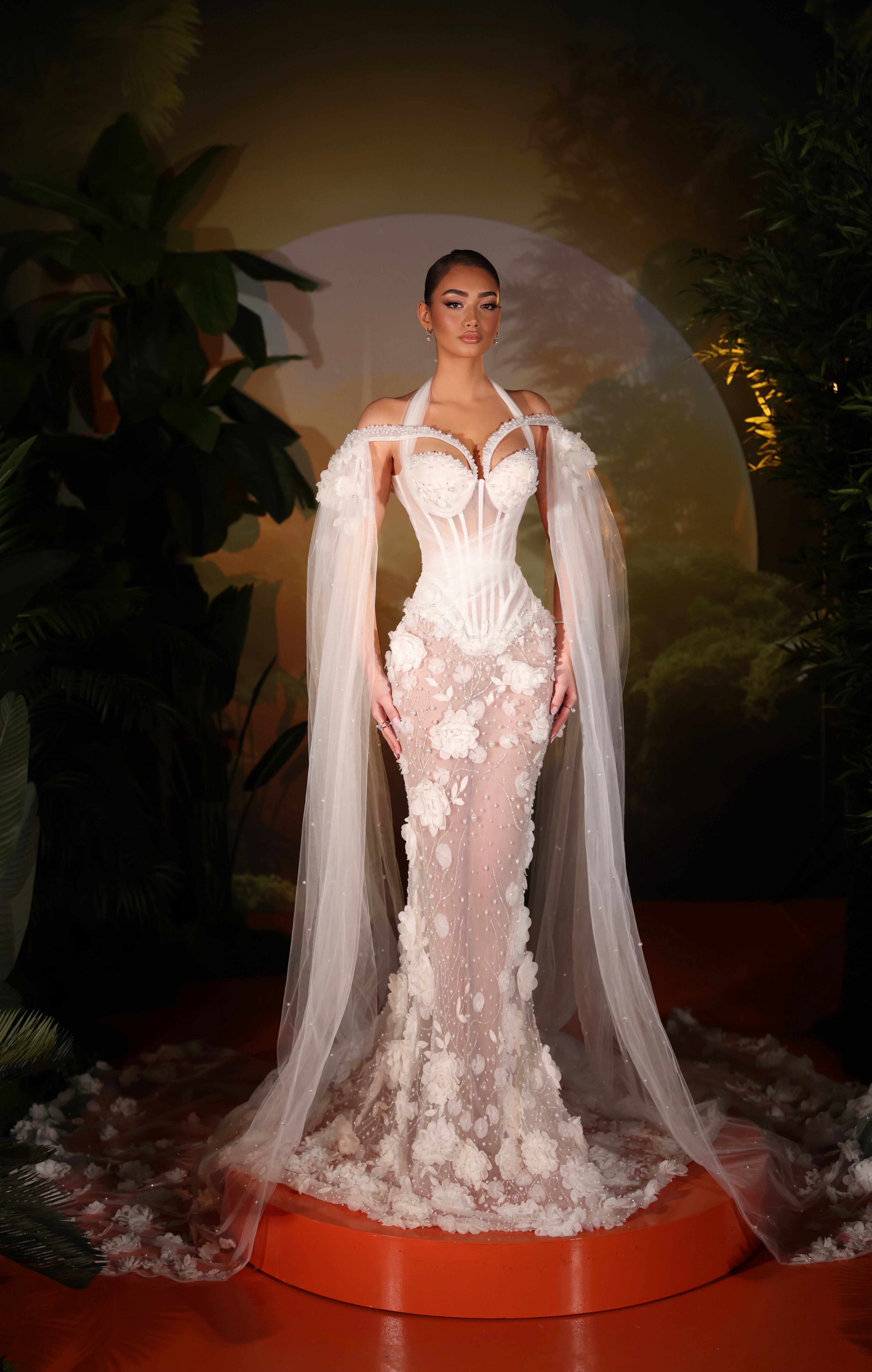 Olivia - Long Cape Sleeve 3D Floral Gown