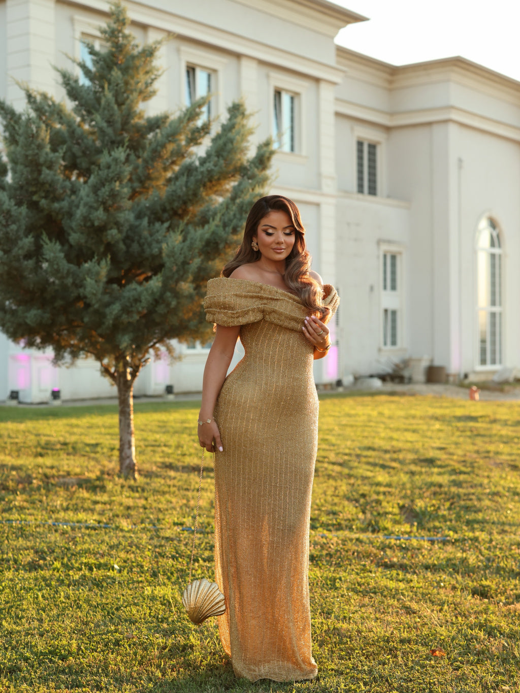 Erla - Draped Off Shoulder Crystal Gown
