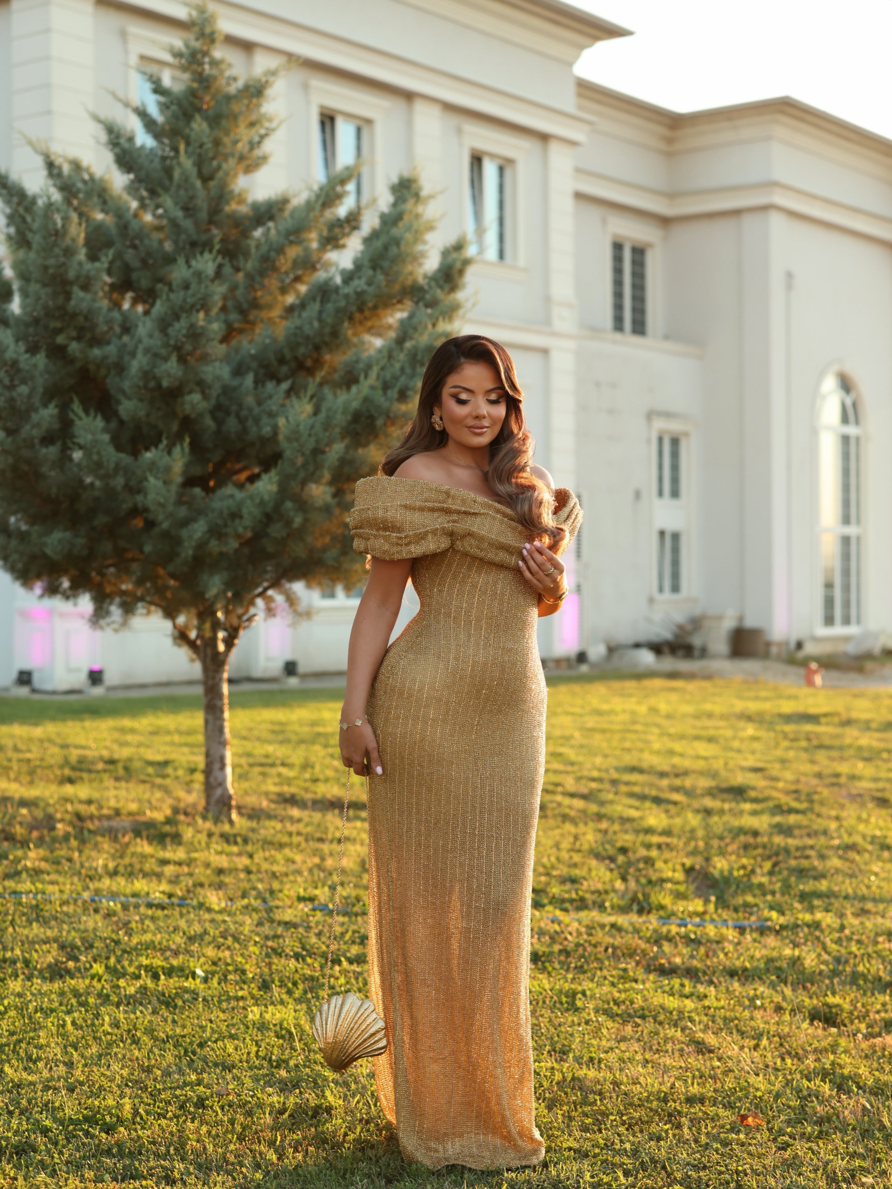 Erla - Draped Off Shoulder Crystal Gown