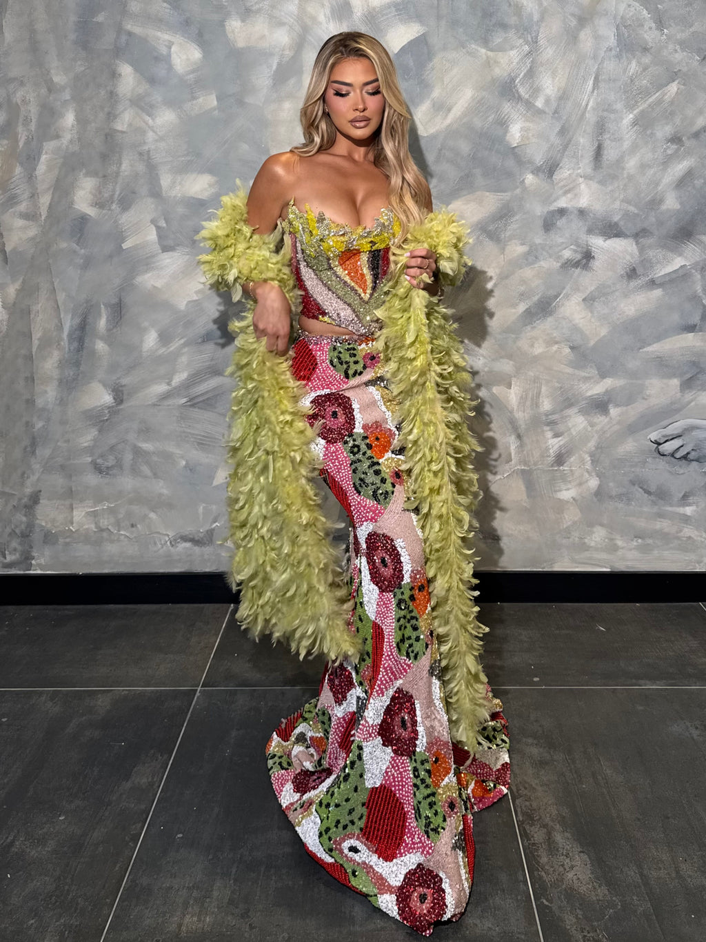 Dalmina - Strapless Multicolor Sequin Gown with Feather Bolero