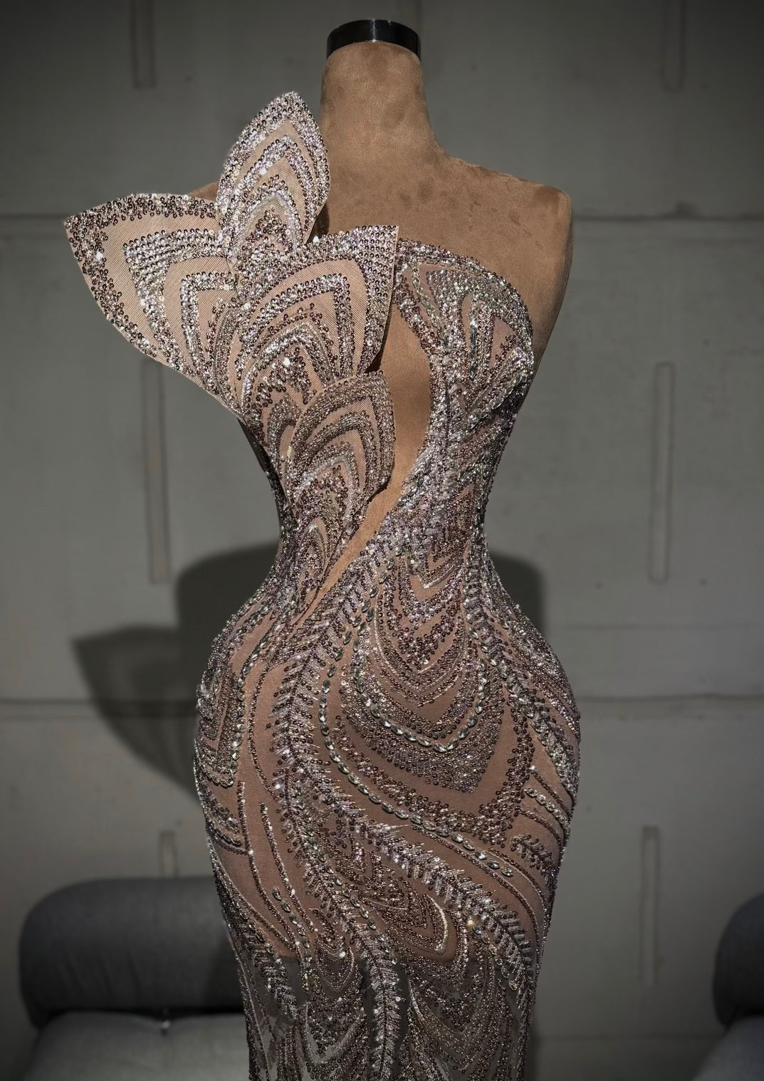 Seraphina – Nude Silver Asymmetric Beaded Gown