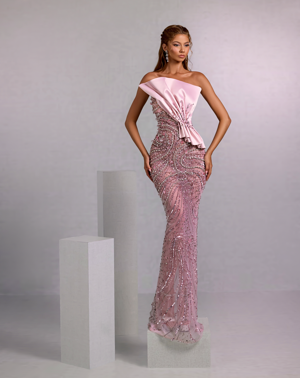 Pink Mermaid Gown with Draped Satin and Crystal Swirls