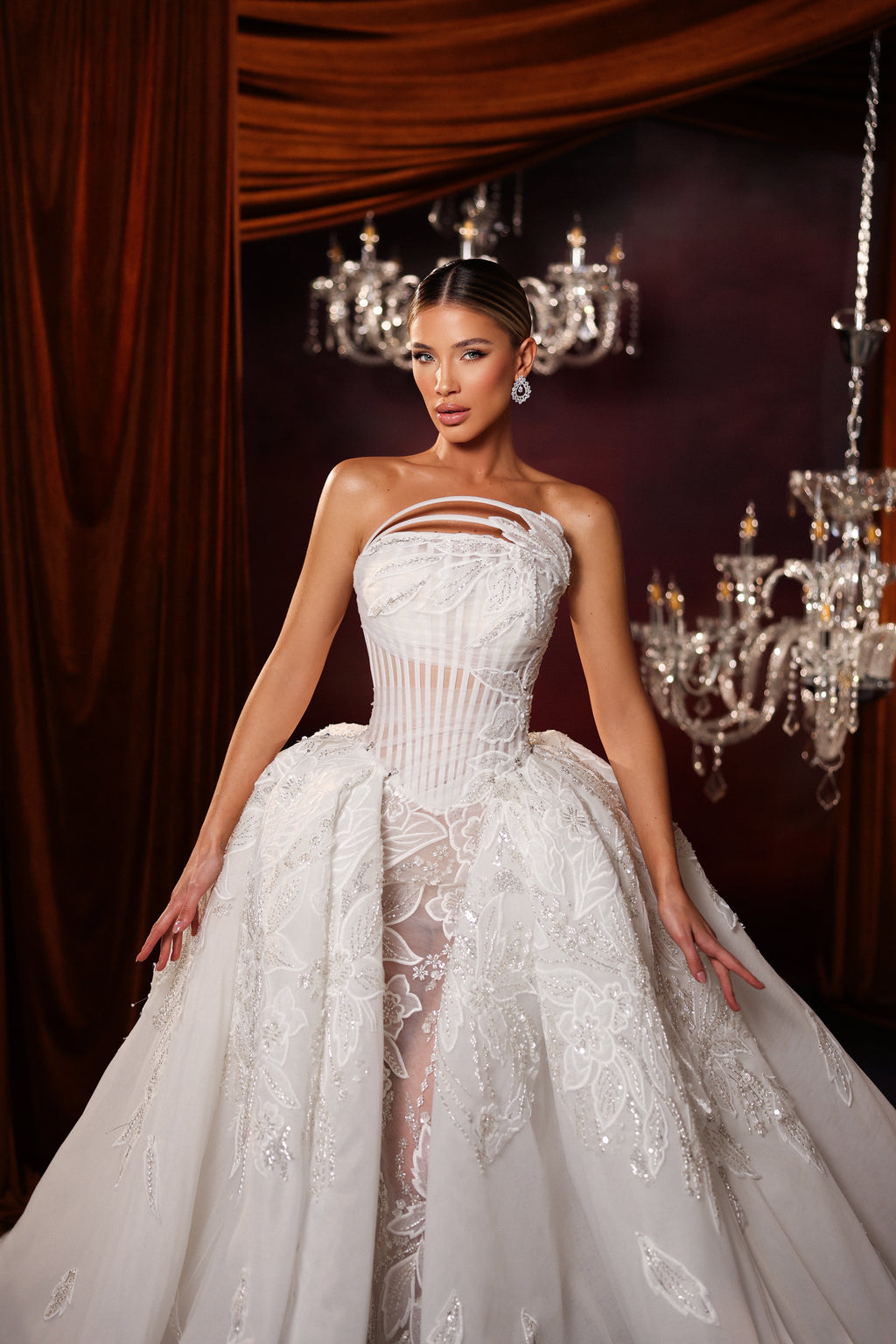 Embroidered Corset Bloom Overlay Bridal Gown L