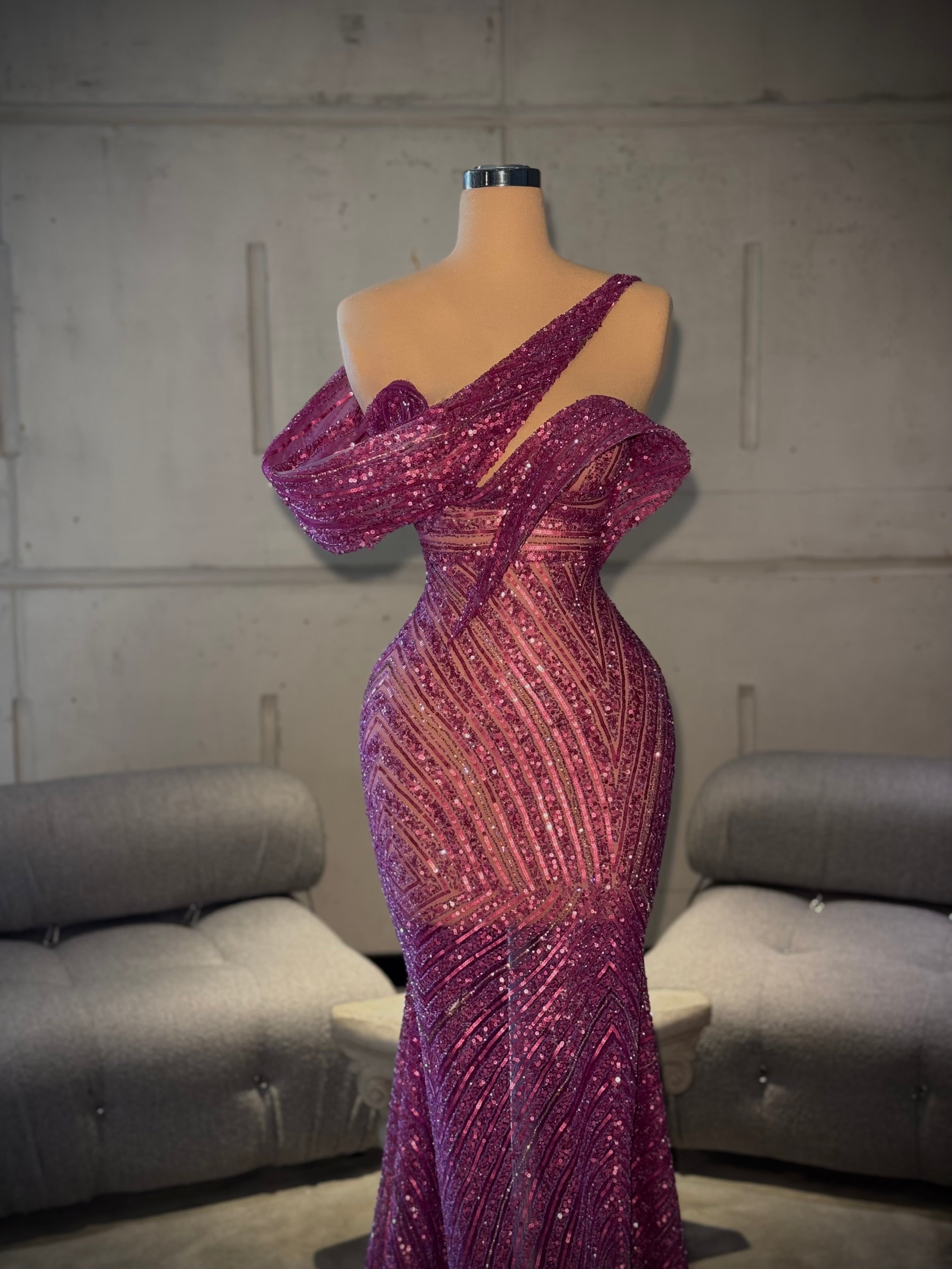 Valèria – Magenta Sequin Off Shoulder Gown