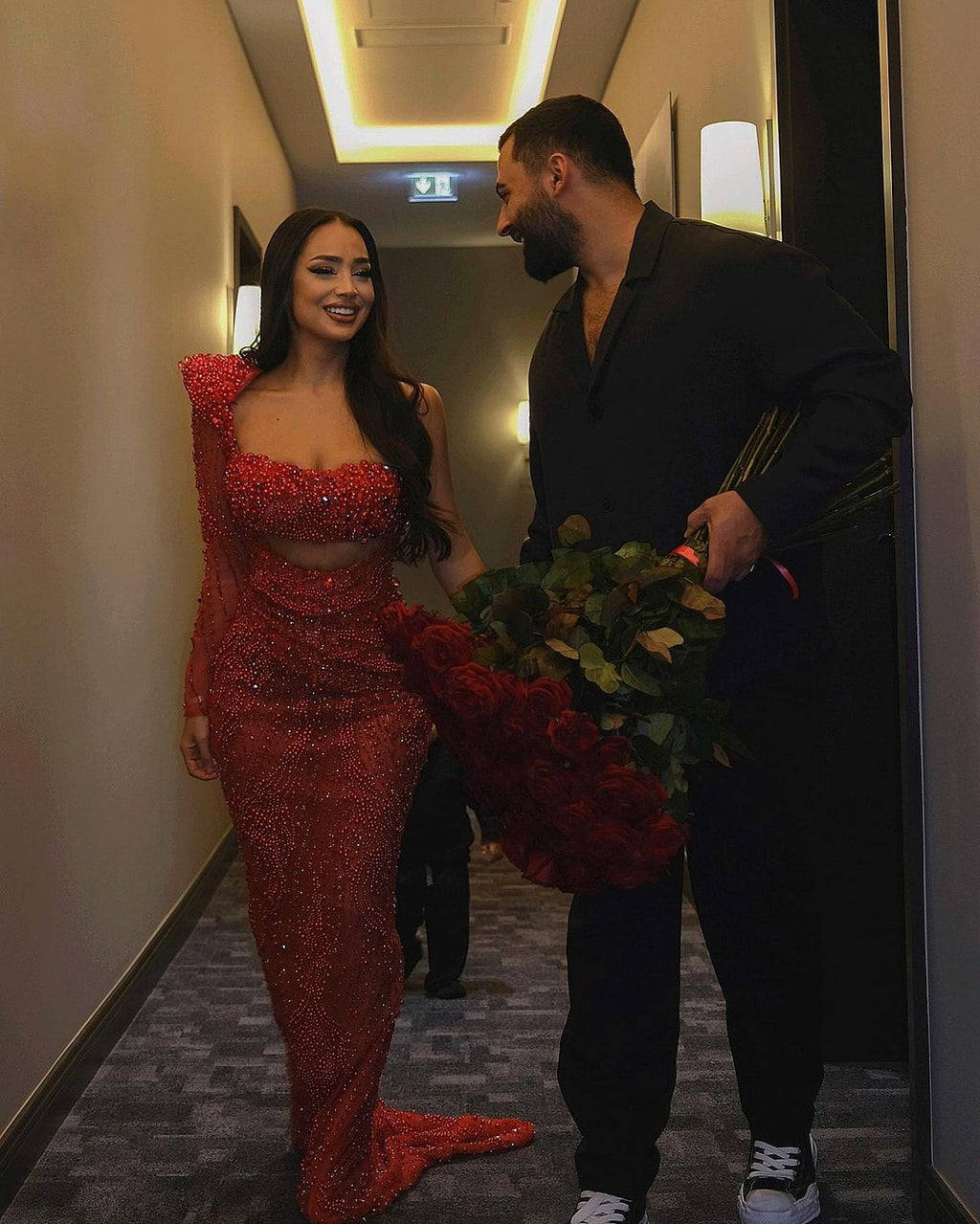 Dilara-ONE SHOULDER RED EMBELLISHED DRESS