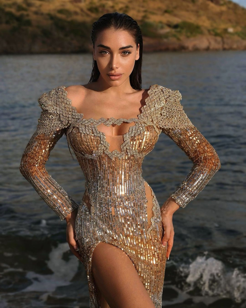 Elisa De Panicis-GOLD & SILVER SEQUIN DRESS WITH SIDE SLIT