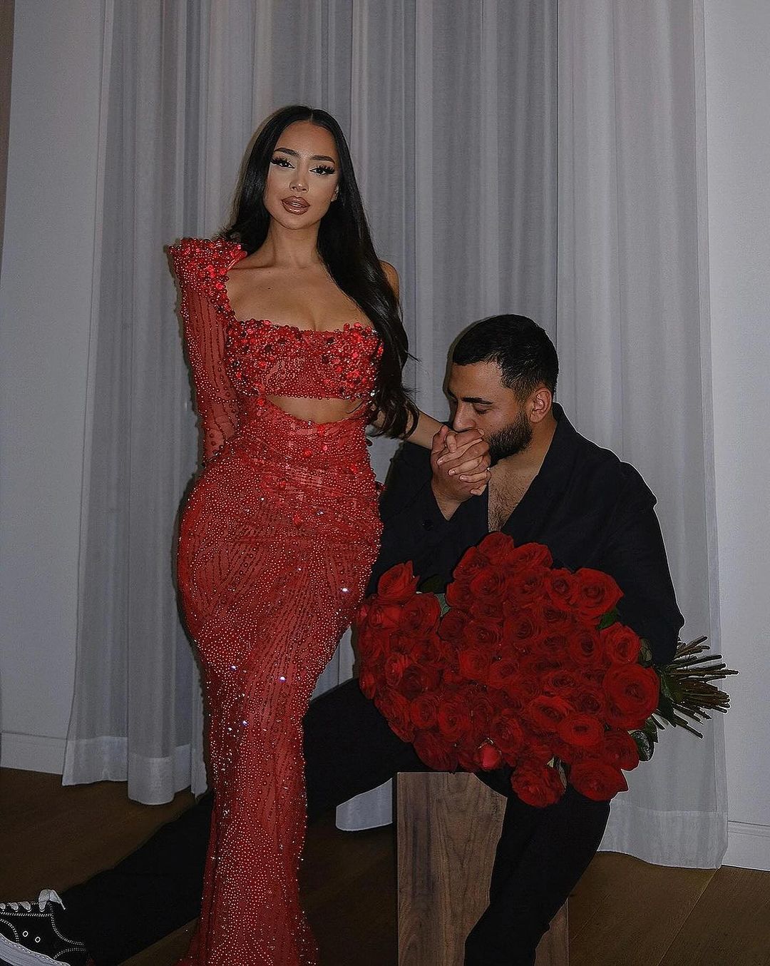 Dilara-ONE SHOULDER RED EMBELLISHED DRESS