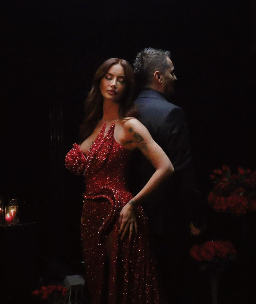 Dafina Zeqiri-RED SHIMMERING DRESS WITH SIDE SLIT
