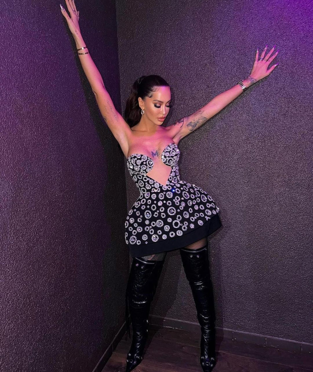 Dafina Zeqiri-Black Short Dress with Silver Rhinestones