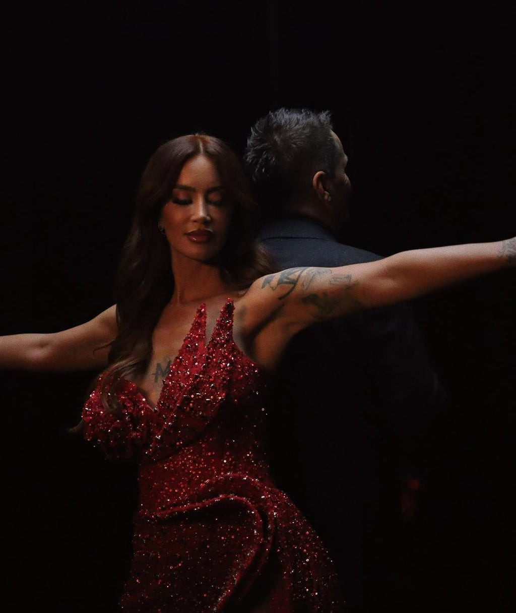 Dafina Zeqiri-RED SHIMMERING DRESS WITH SIDE SLIT