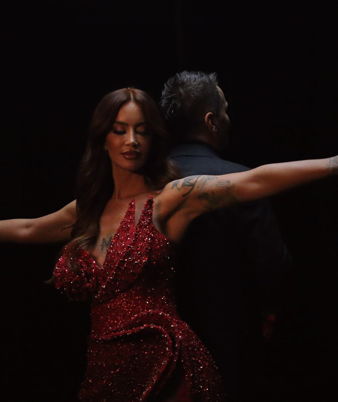 Dafina Zeqiri-RED SHIMMERING DRESS WITH SIDE SLIT