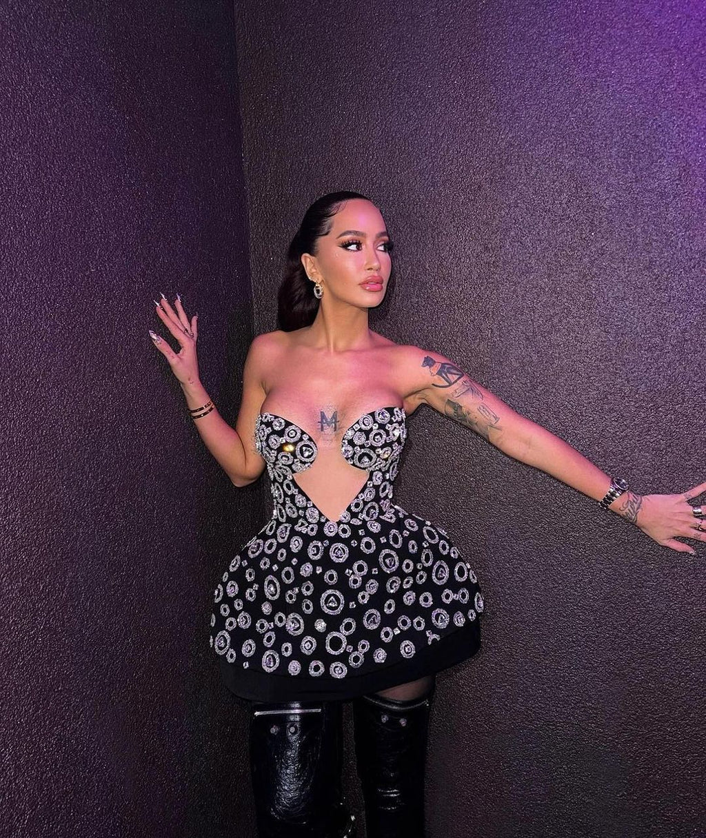 Dafina Zeqiri-Black Short Dress with Silver Rhinestones