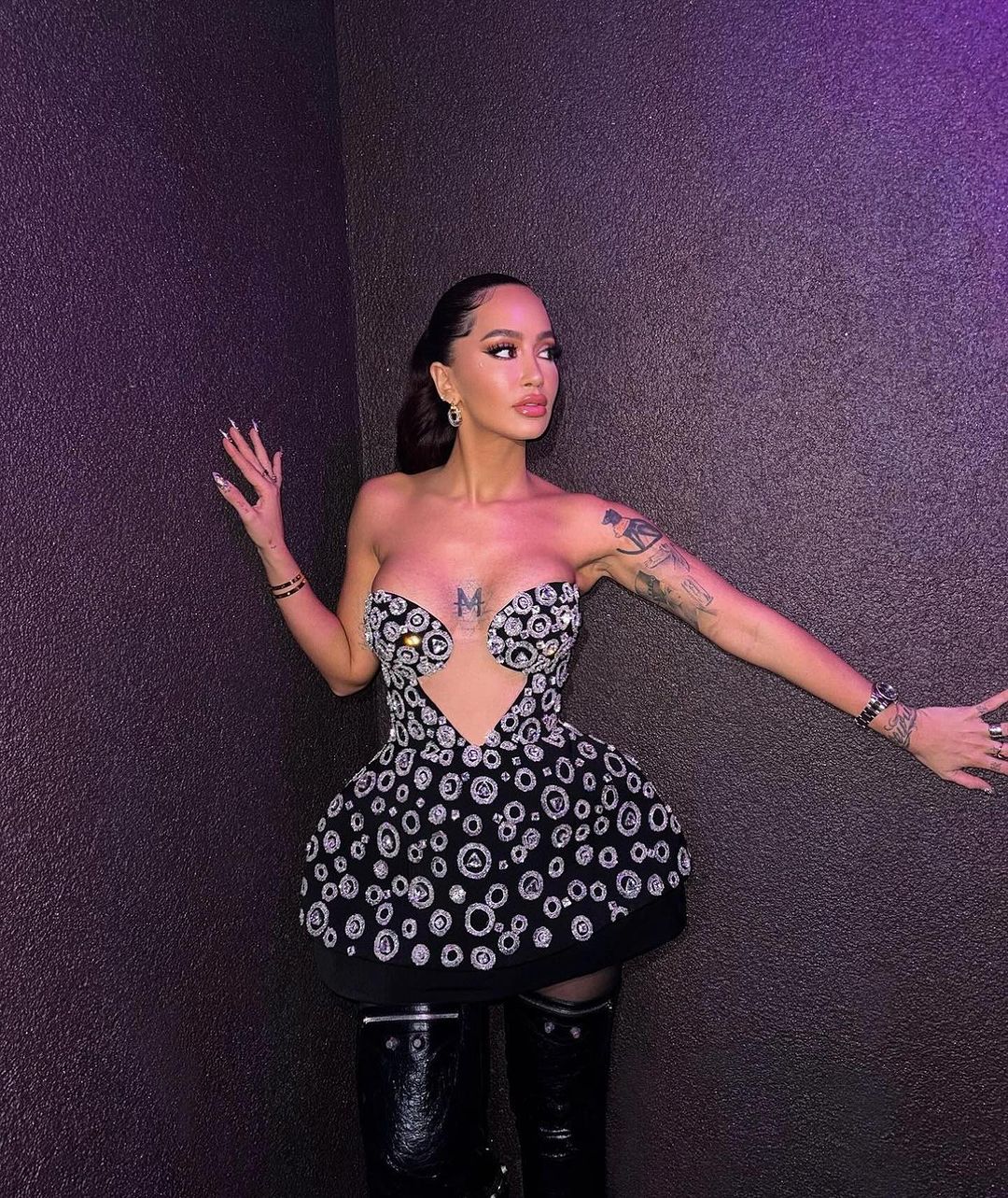 Dafina Zeqiri-Black Short Dress with Silver Rhinestones