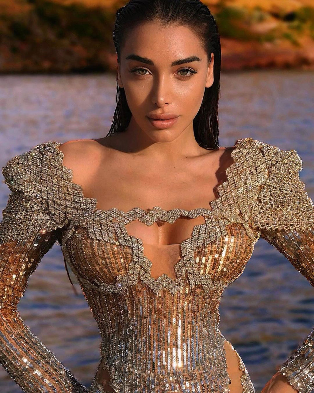 Elisa De Panicis-GOLD & SILVER SEQUIN DRESS WITH SIDE SLIT