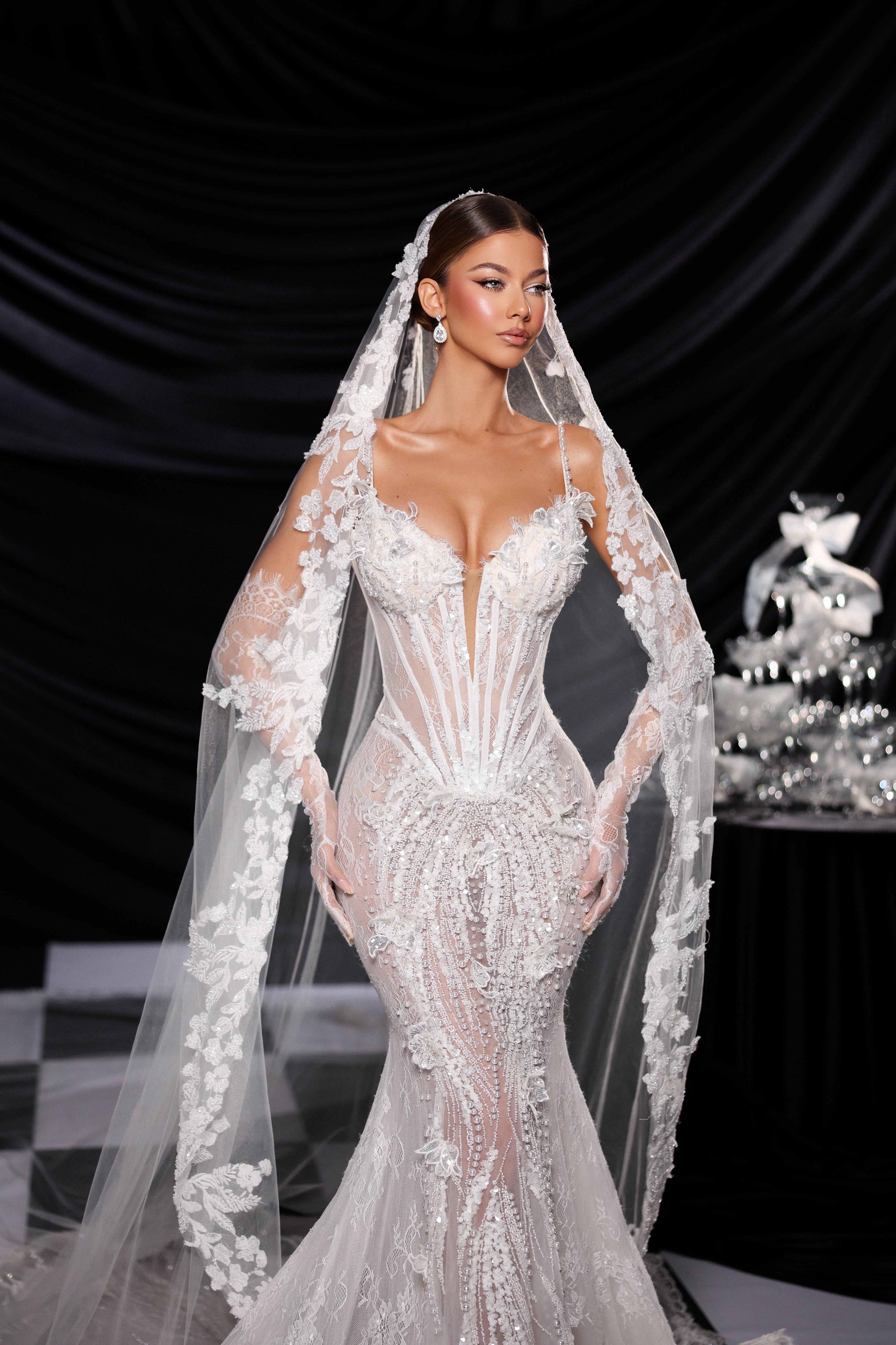 Sheer Lace Corset Bridal Gown with Veil & Gloves Custom Size