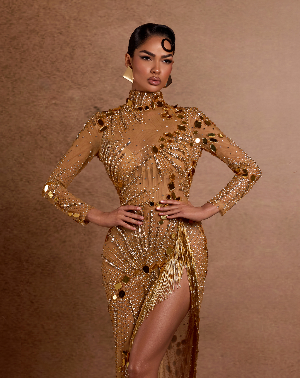 Sun Disk High Neck Sequin Gown