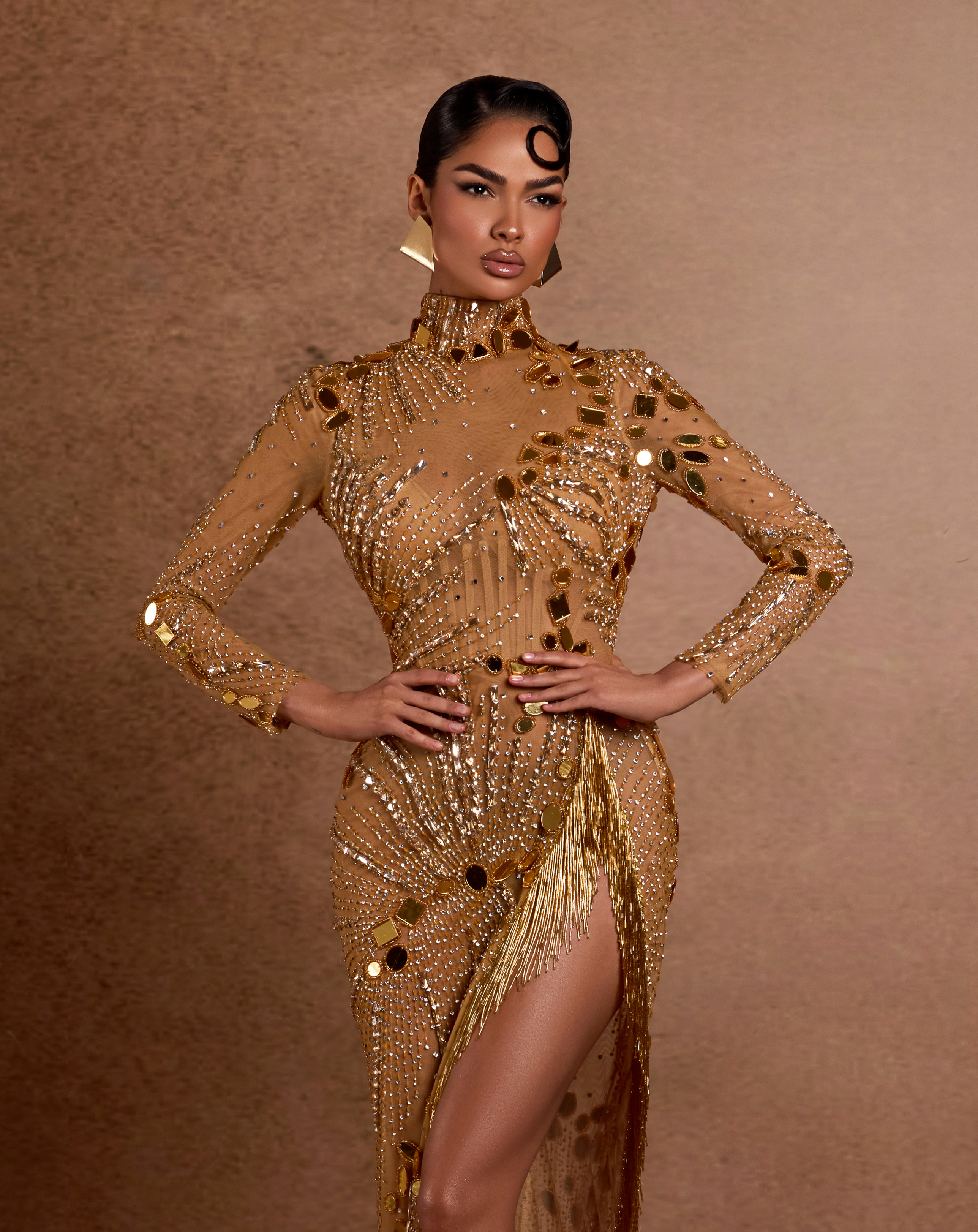 Sun Disk High Neck Sequin Gown