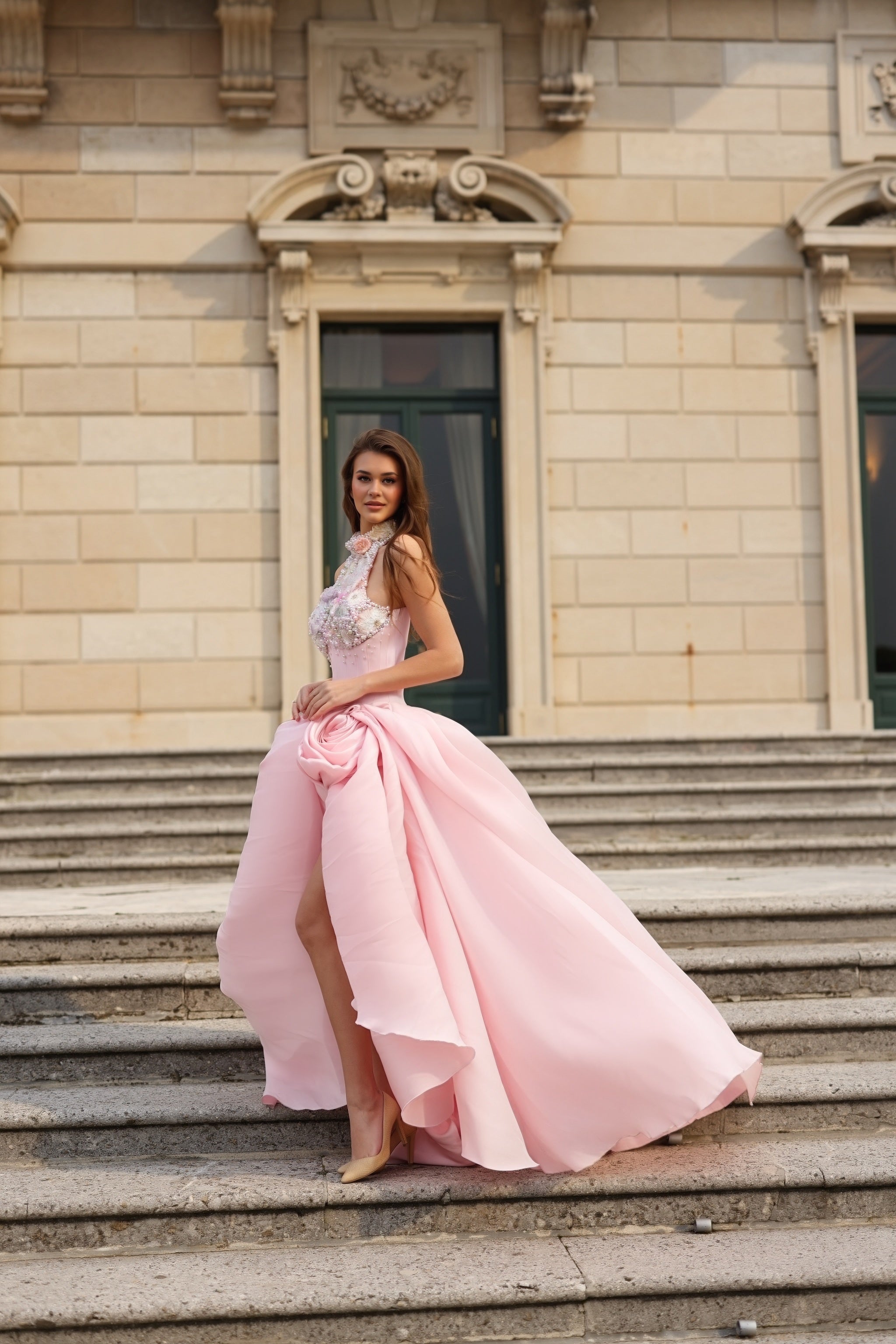 Rosina - Blush Halter Floral Gown