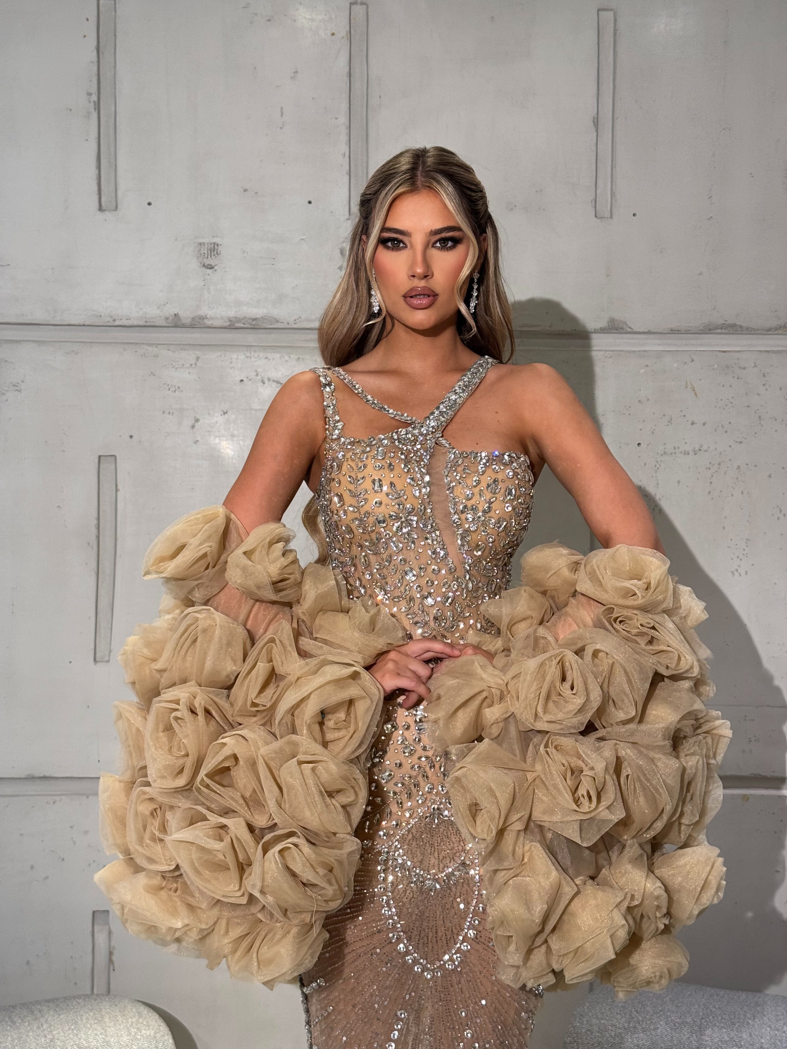 Crystal Gold Gown with Rosette Sleeves and Halter Neckline