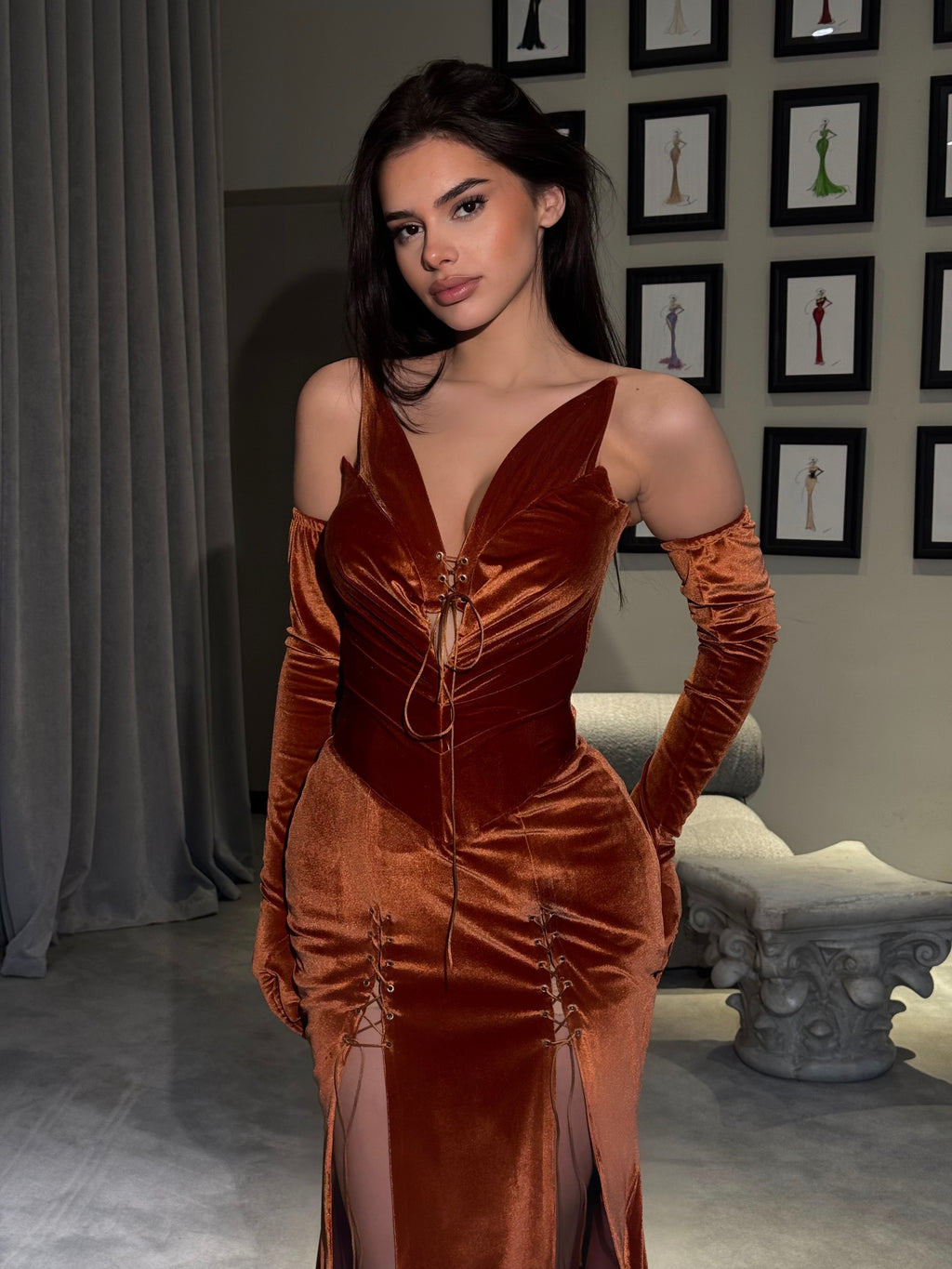 Ravienne - Velvet Corset Gown with High Slits