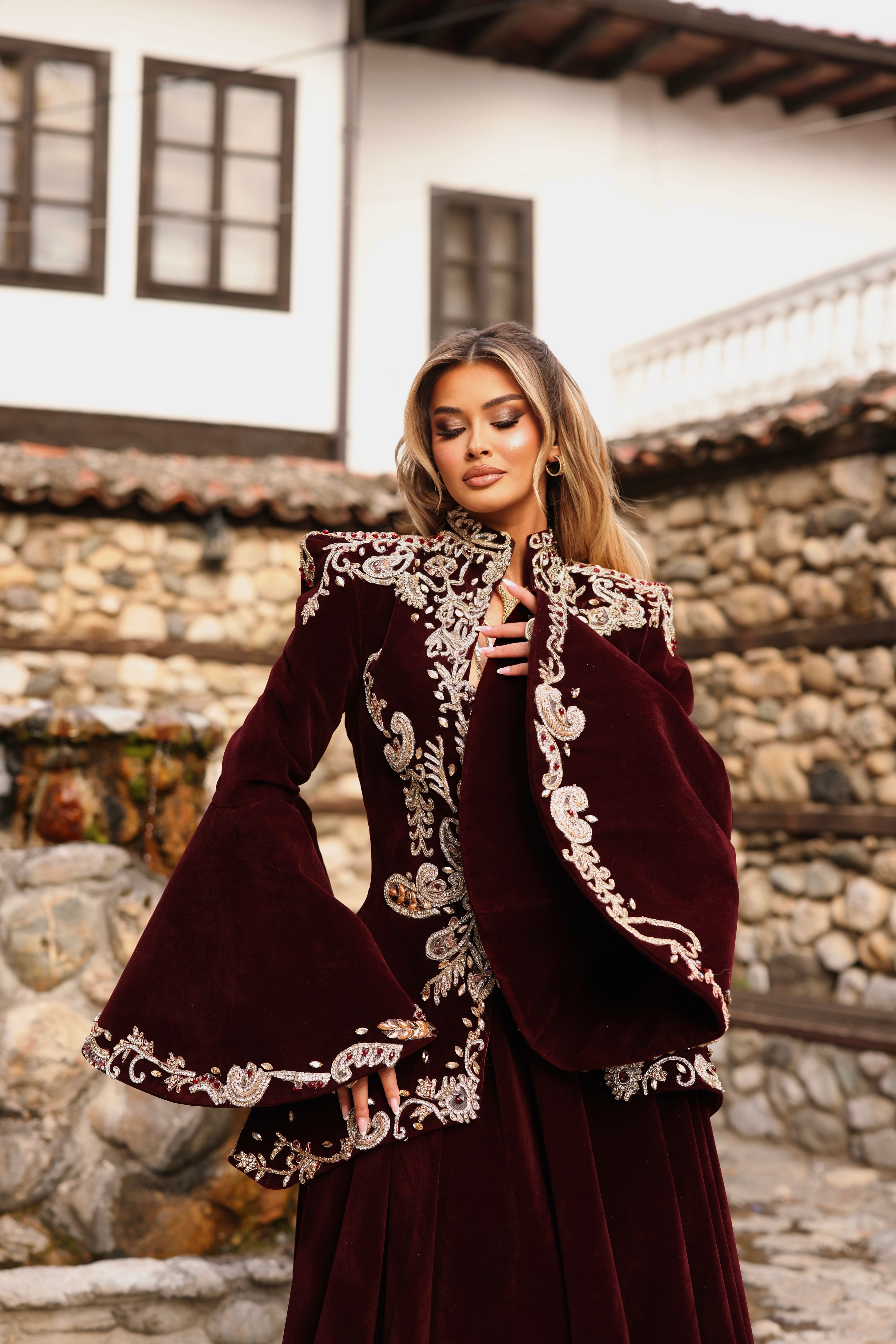 Rozafa - Velvet Embroidered Gown with Jacket