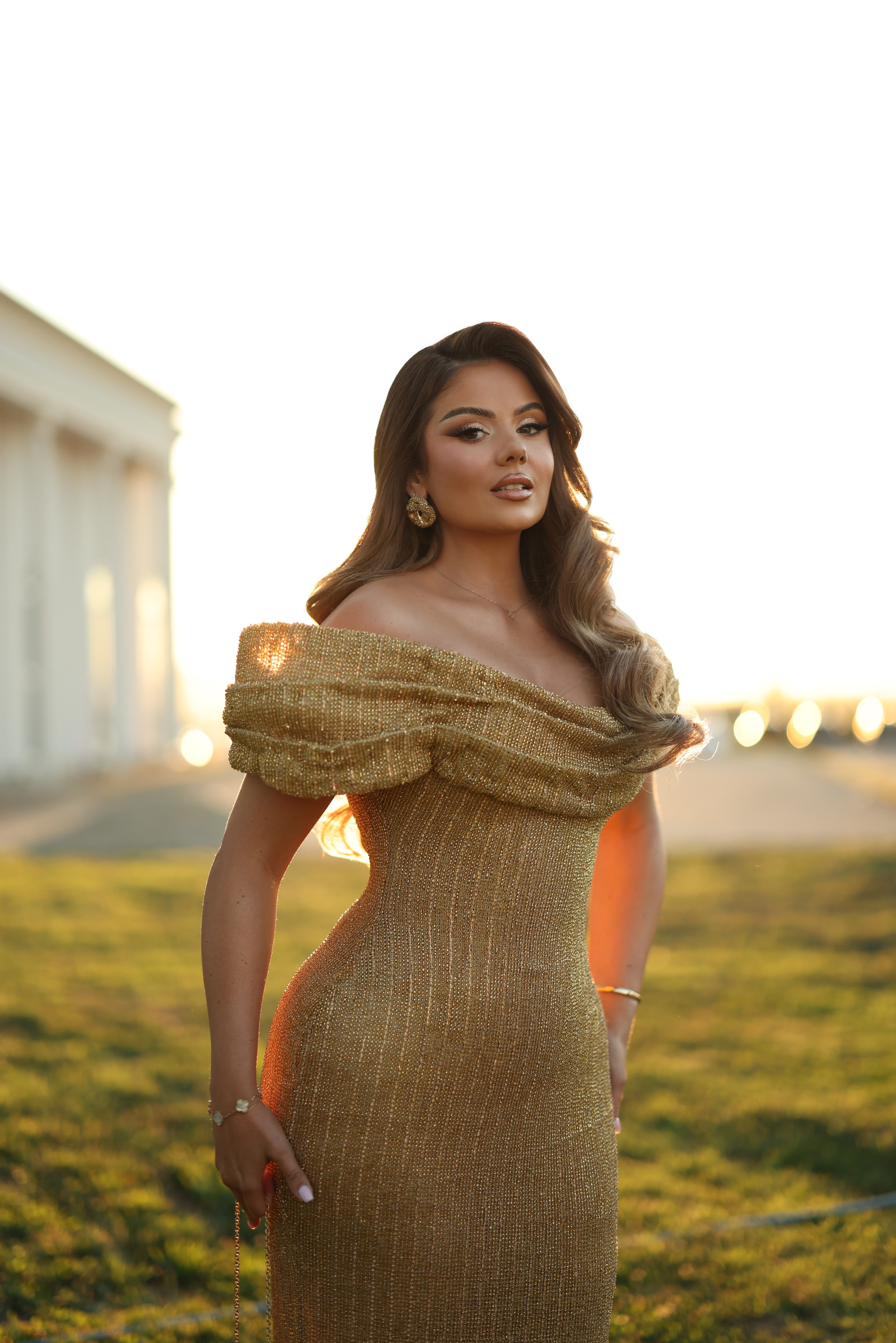 Erla - Draped Off Shoulder Crystal Gown