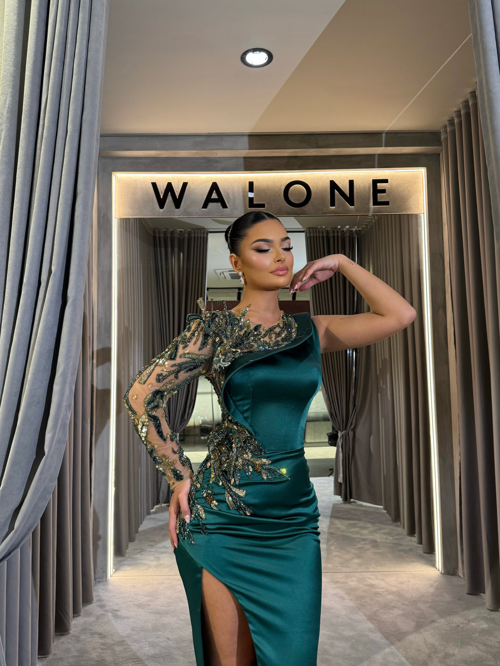 Emerald Asymmetrical Leaf Appliqué Gown