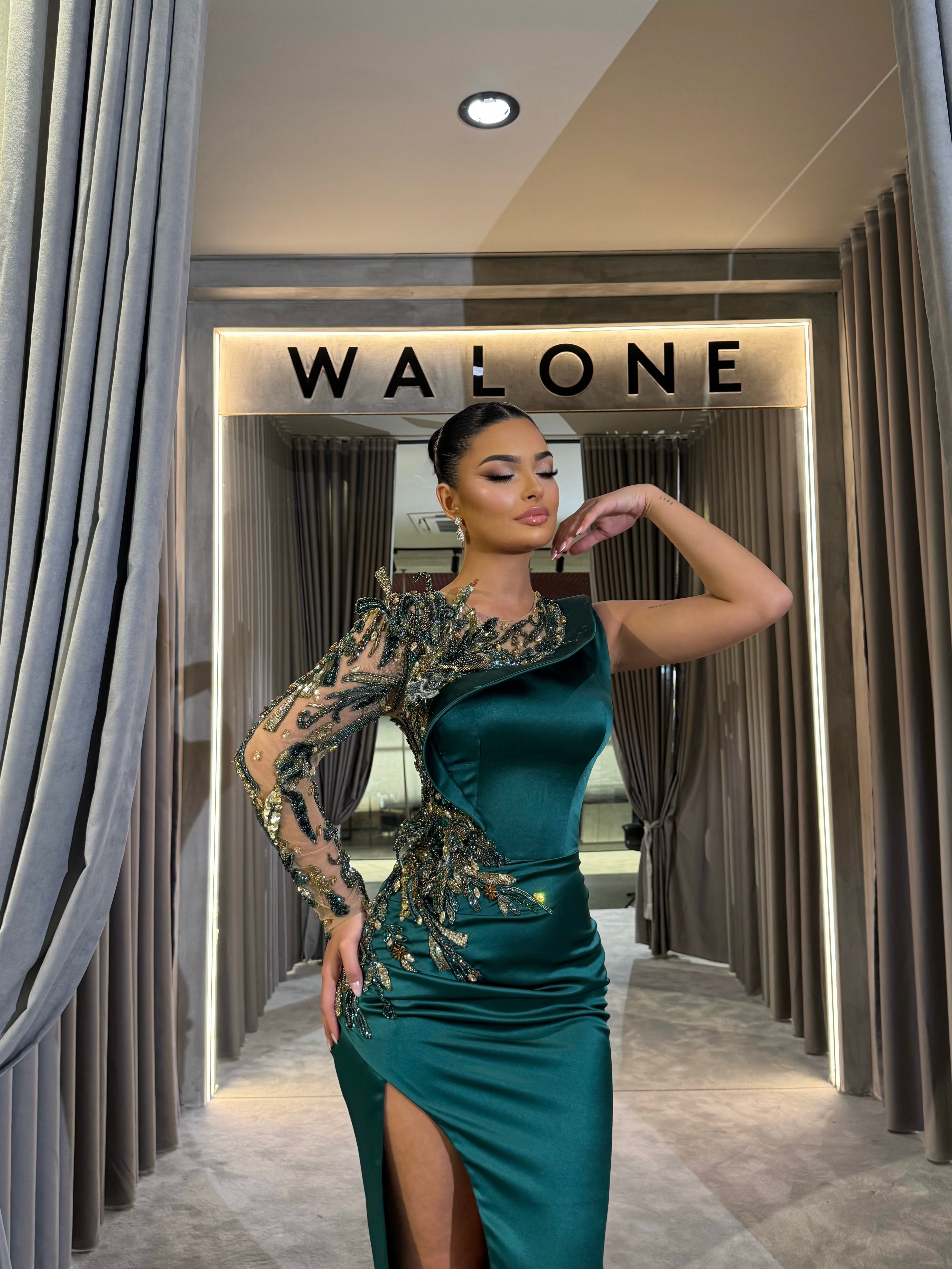 Emerald Asymmetrical Leaf Appliqué Gown