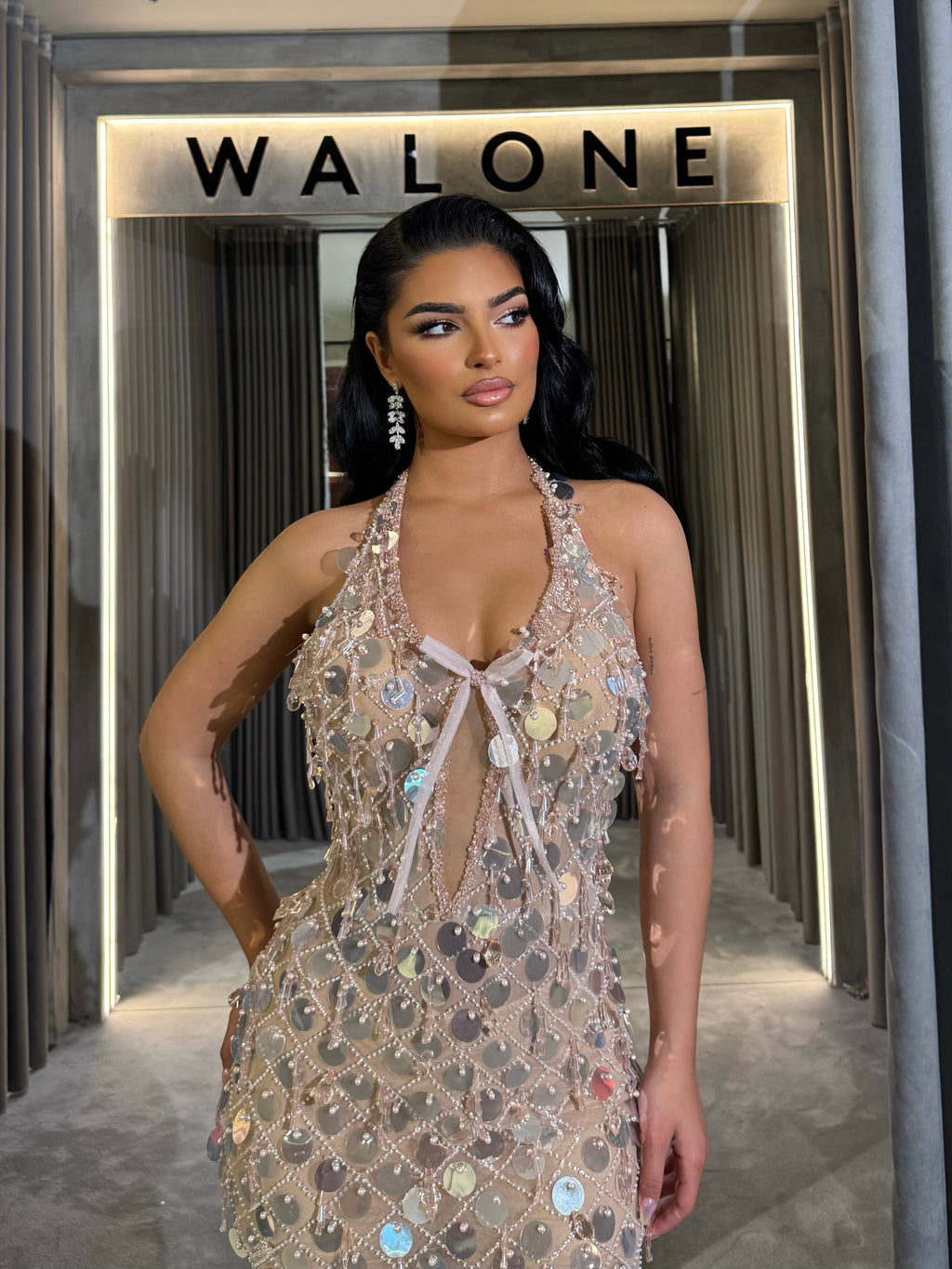 Long dress with nude crystal mesh and halter neckline