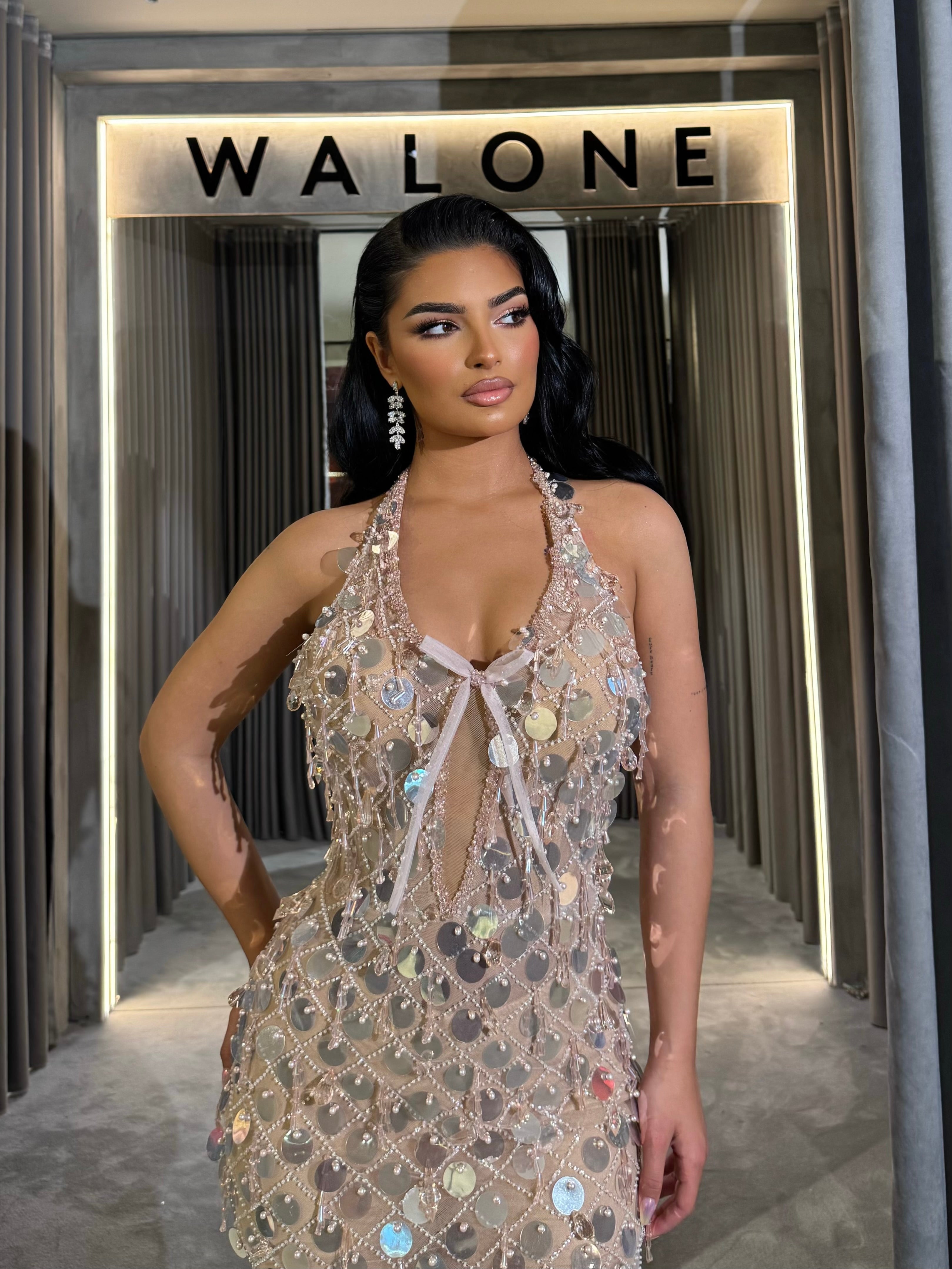 Long dress with nude crystal mesh and halter neckline