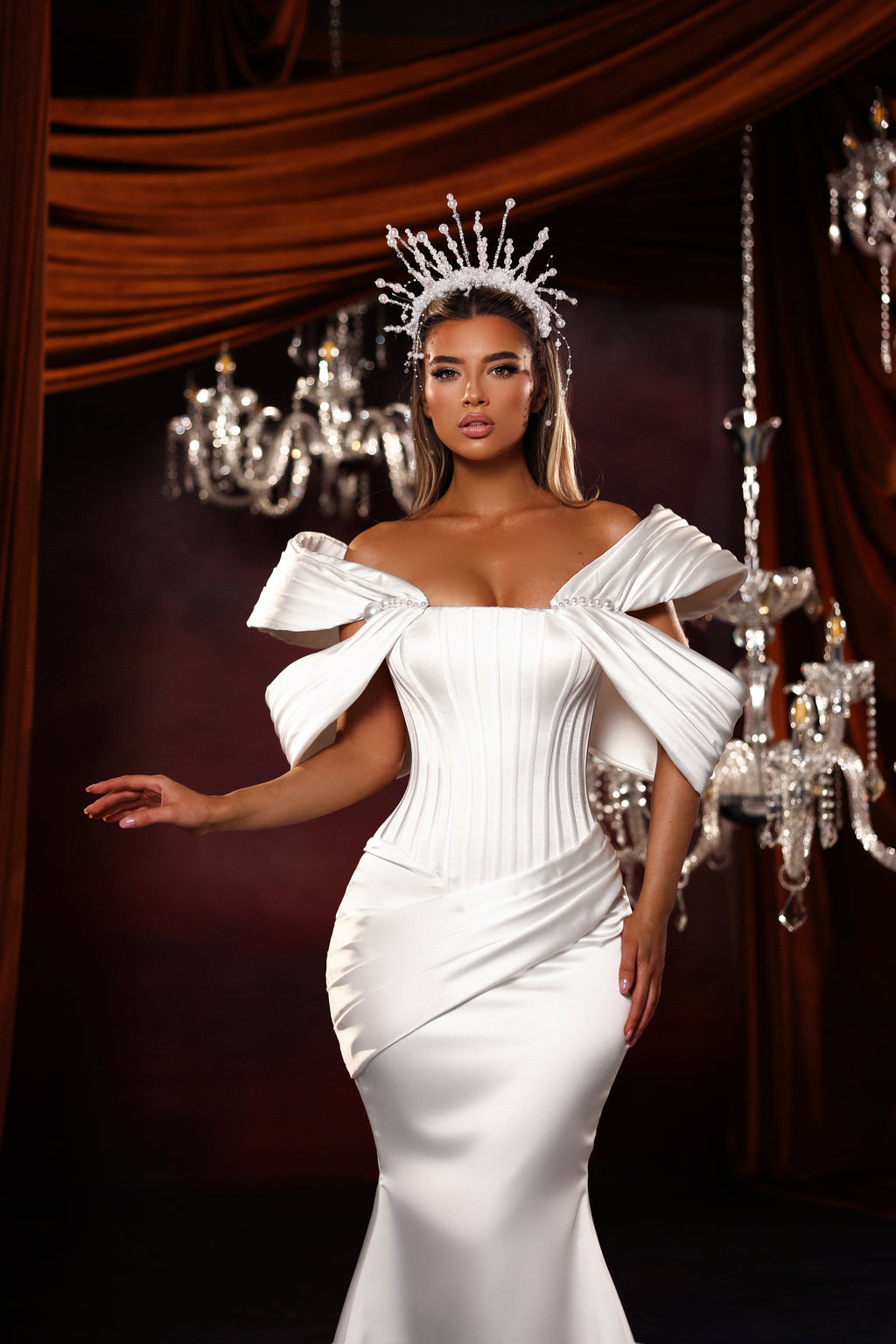 Pintuck Bow Bridal Gown with Extended Train