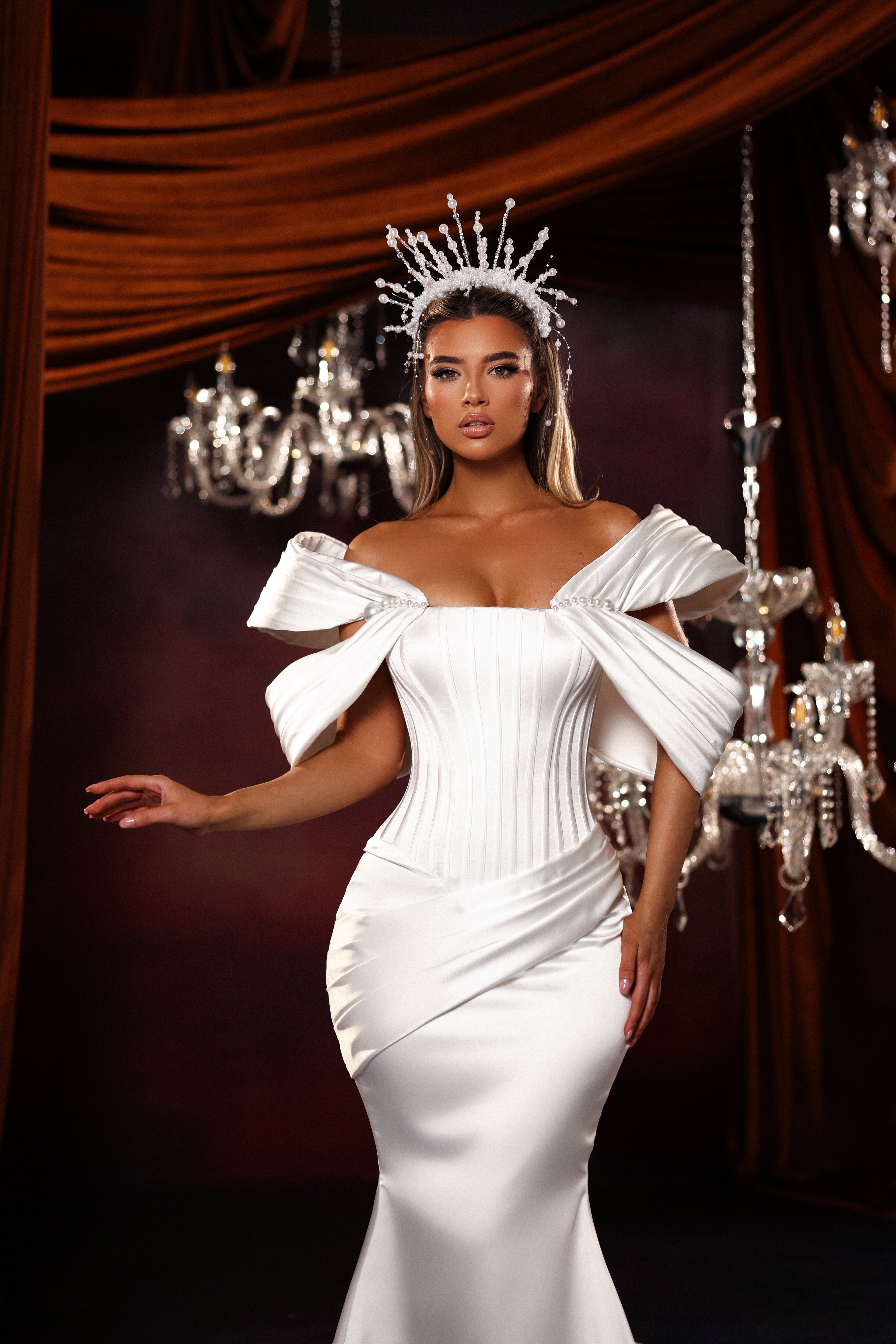 Pintuck Bow Bridal Gown with Extended Train