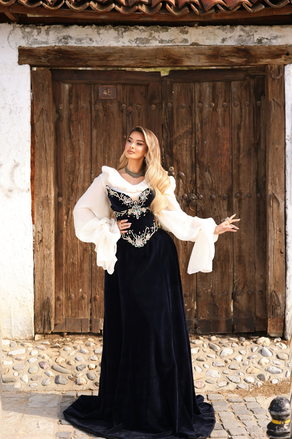 Donika - Velvet Gown with Crystal Waist Embroidery