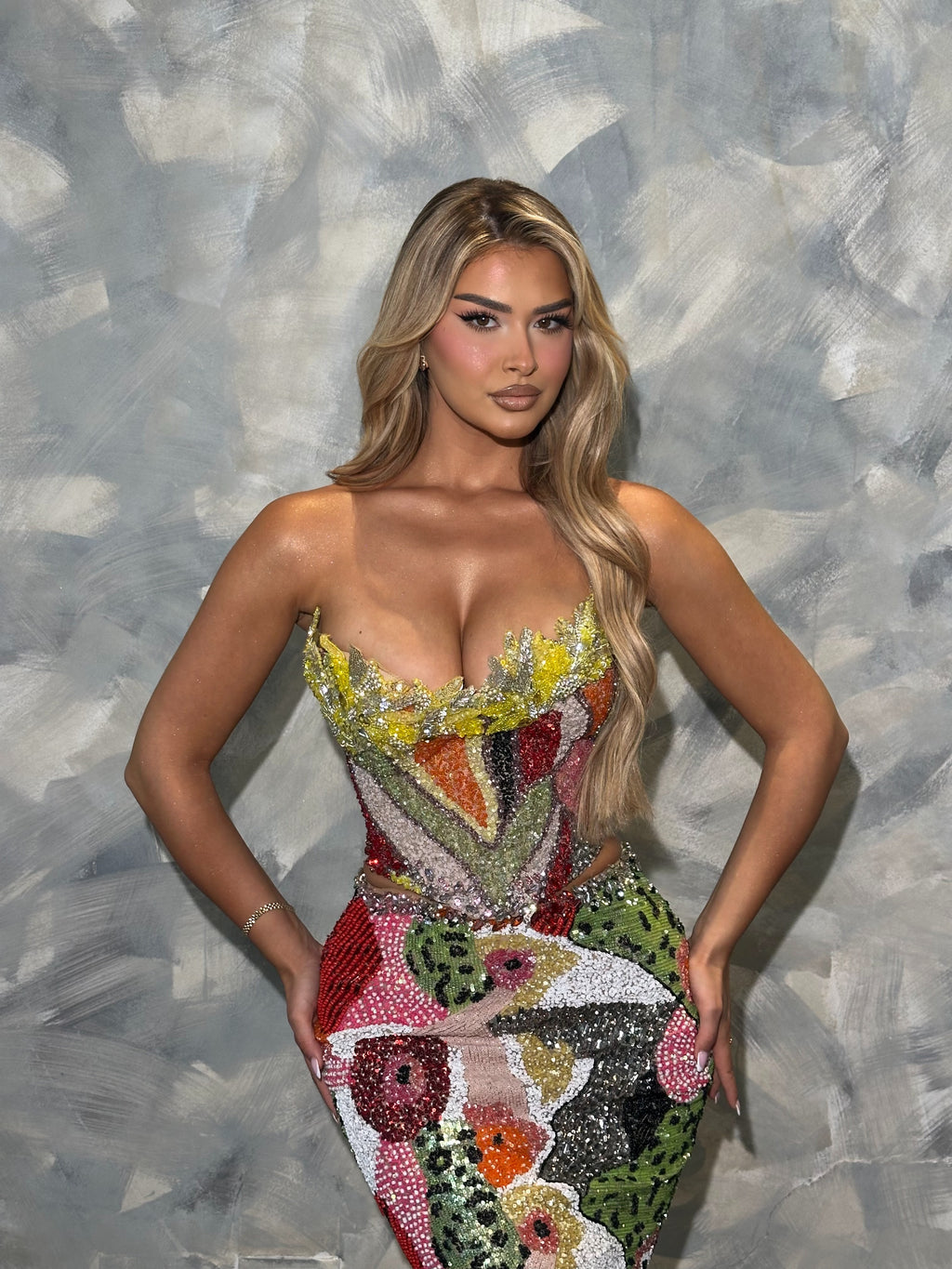 Dalmina - Strapless Multicolor Sequin Gown with Feather Bolero