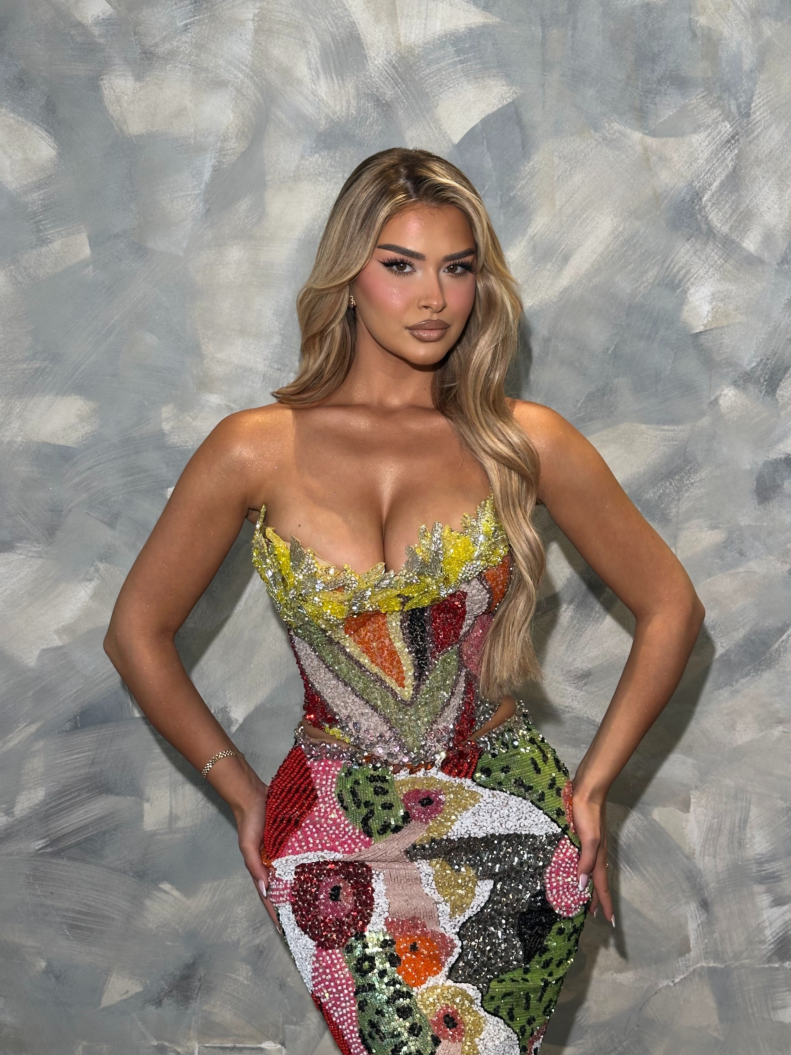 Dalmina - Strapless Multicolor Sequin Gown with Feather Bolero