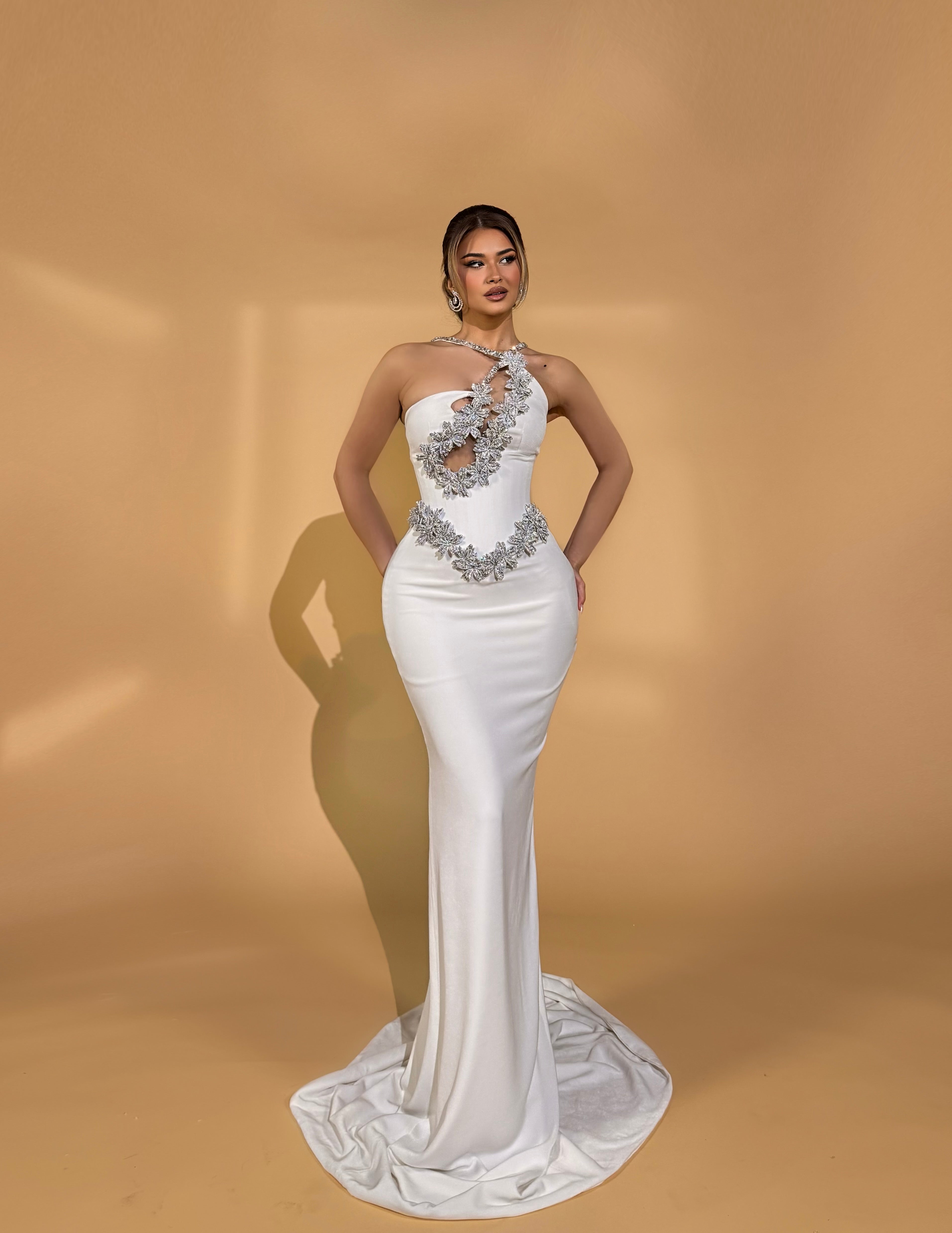 White Gown with Silver Embellishments & Cutout Detail