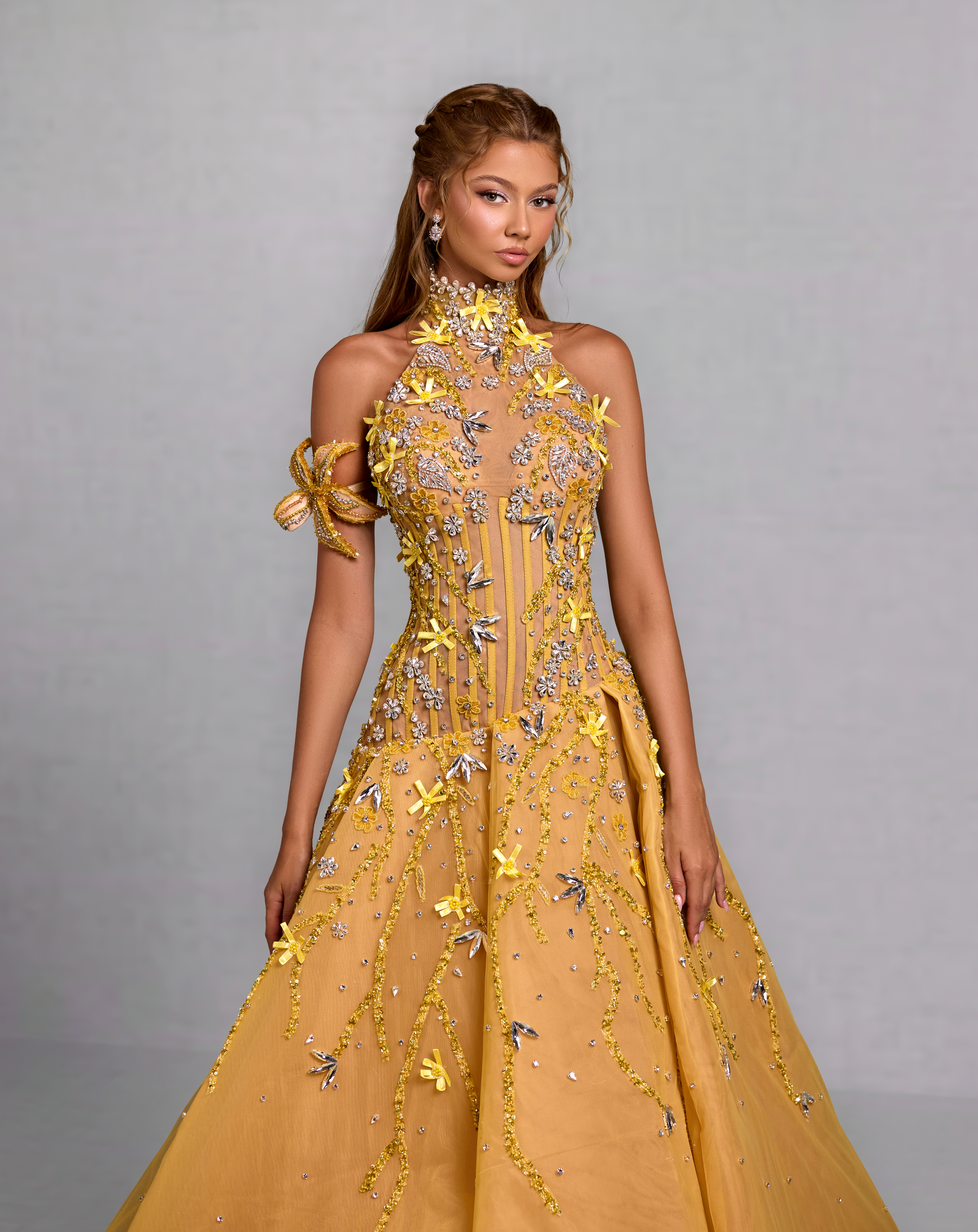 High Neck Yellow Gown with Floral Crystal Vines
